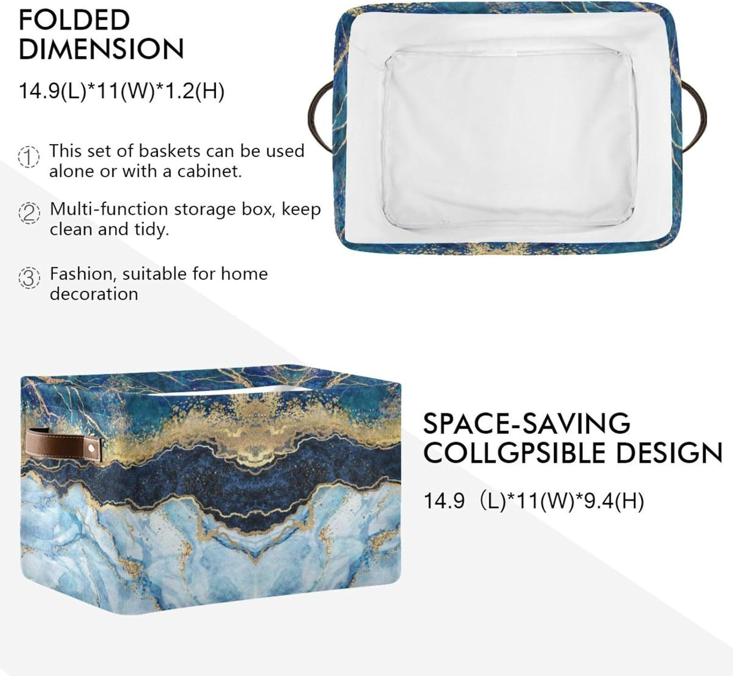 susiyo Storage Baskets for Shelves,Storage Bins for Organizing Shelf Nursery Toys, Decorative Linen Fabric Bins Cube with PU Handles 1 Pack，Blue Marble