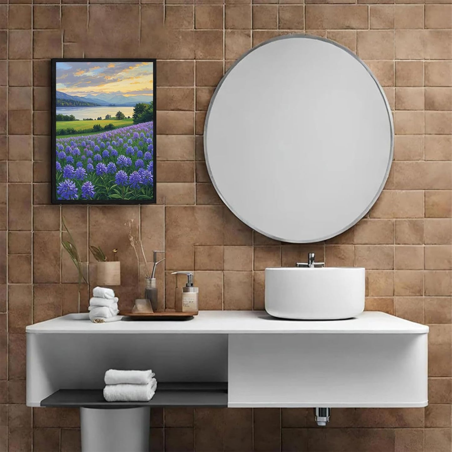 The lavender scenery all over the lake at sunset is suitable for posting in the living room bedroom office landscape poster wall painting