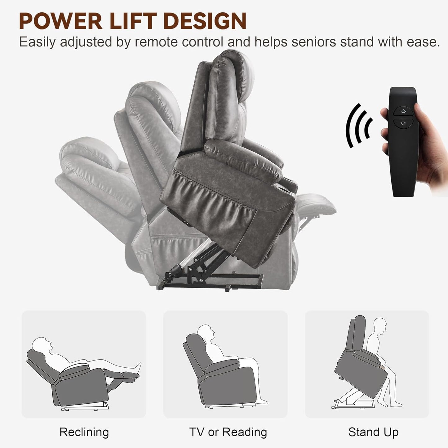 SALOHZA Power Lift Recliner Chair for Elderly with Massage and Heat for Living Room, Electric Recliner Chair for Adults with USB/Type C Port/Cup Holders, PU Faux Leather, Grey