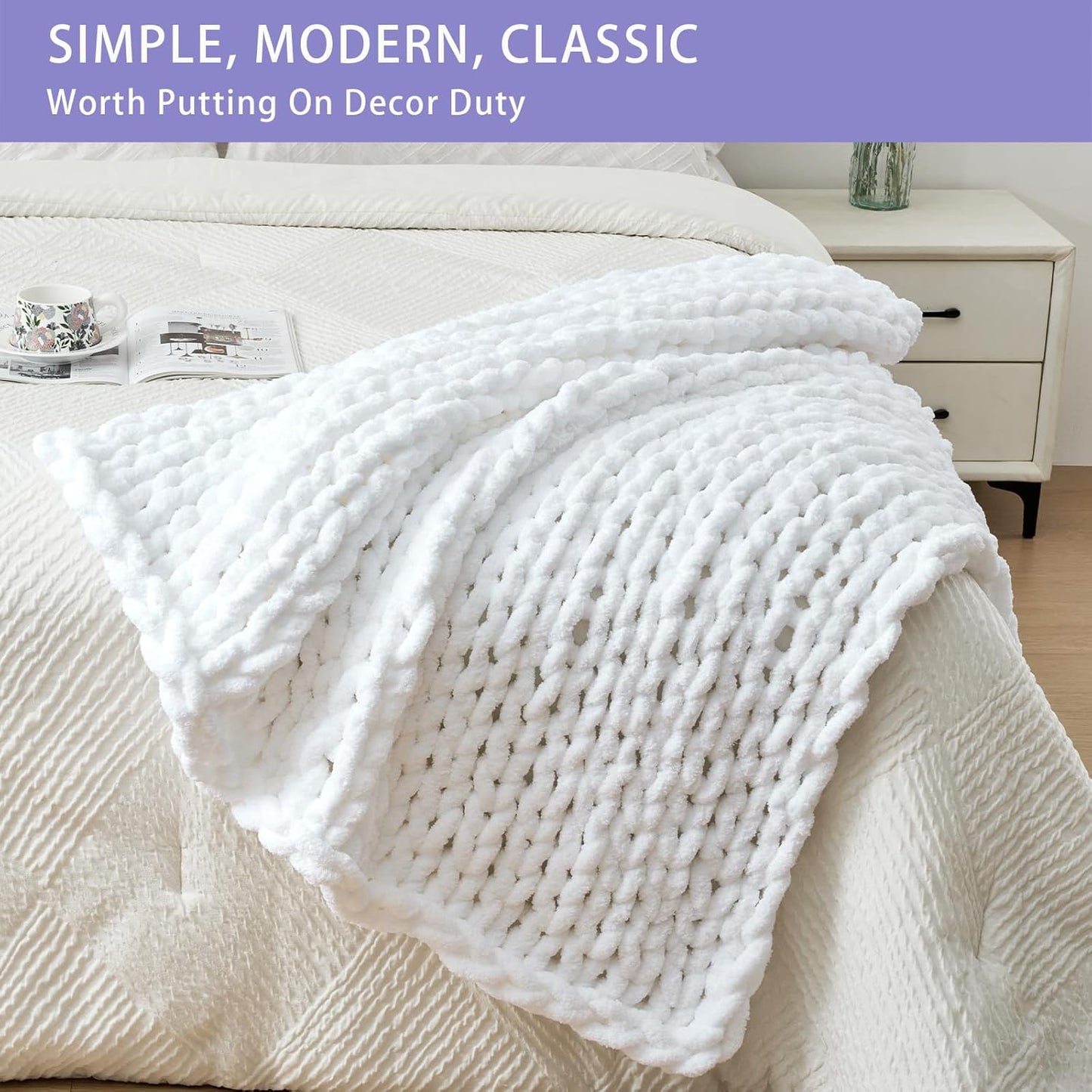 Bigacogo Chunky Knit Throw Blanket for Couch, 40x40 inches, 100% Hand Knitted with Thick Jumbo Chenille Yarn, Cozy Soft Large Rope Knot Cable Crochet Blankets for Sofa Bed Living Room, White