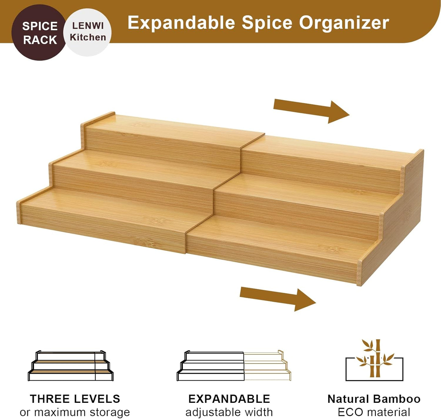 Spice Rack Organizer for Cabinet 2Pack, 3 Tier Expandable Bamboo Spice Storage, Great for Kitchen Cabinet, Cupboard,Pantry and More(Natrual)