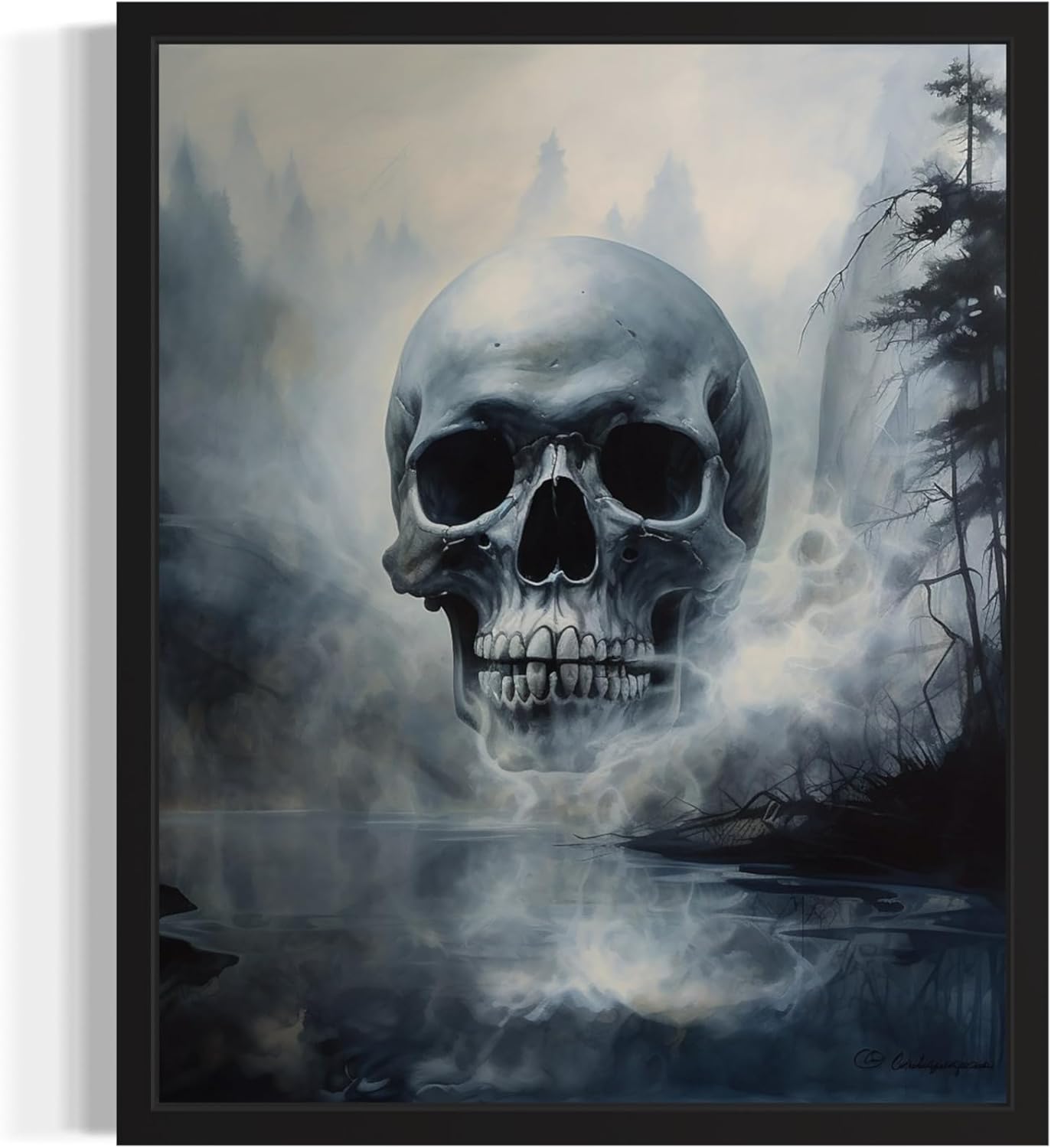 Foggy Skull Poster Art Print, Halloween Scary Vintage Wall Art Academia Spooky Painting Decoration for Horror Prints, Gothic Posters Bedroom Decor 89 (Foggy Skull, 16 x 20 inches, Black Frame)