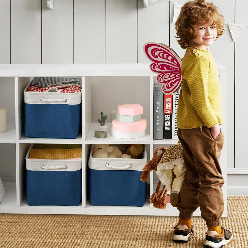 TheWarmHome Organization and Storage for Organizing - 3 Pack 16x12x12 inch Cube Storage Bin for Shelves, Fabric Storage Cubes for Closet Cloth Organizer Gift Toy (White & Jean Blue)