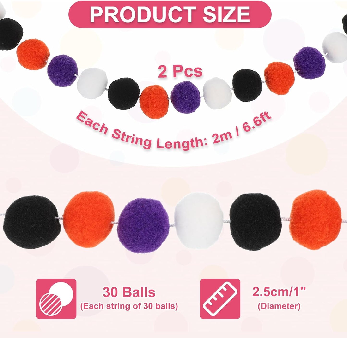 PATIKIL 13Ft Pom Pom Garland Decorations, 2Pcs Colorful Felt Ball Garland Banner Cute Rainbow Pompom Hanging Decorations for Tree Ornaments Homes Decor, Orange/Black/Purple/White