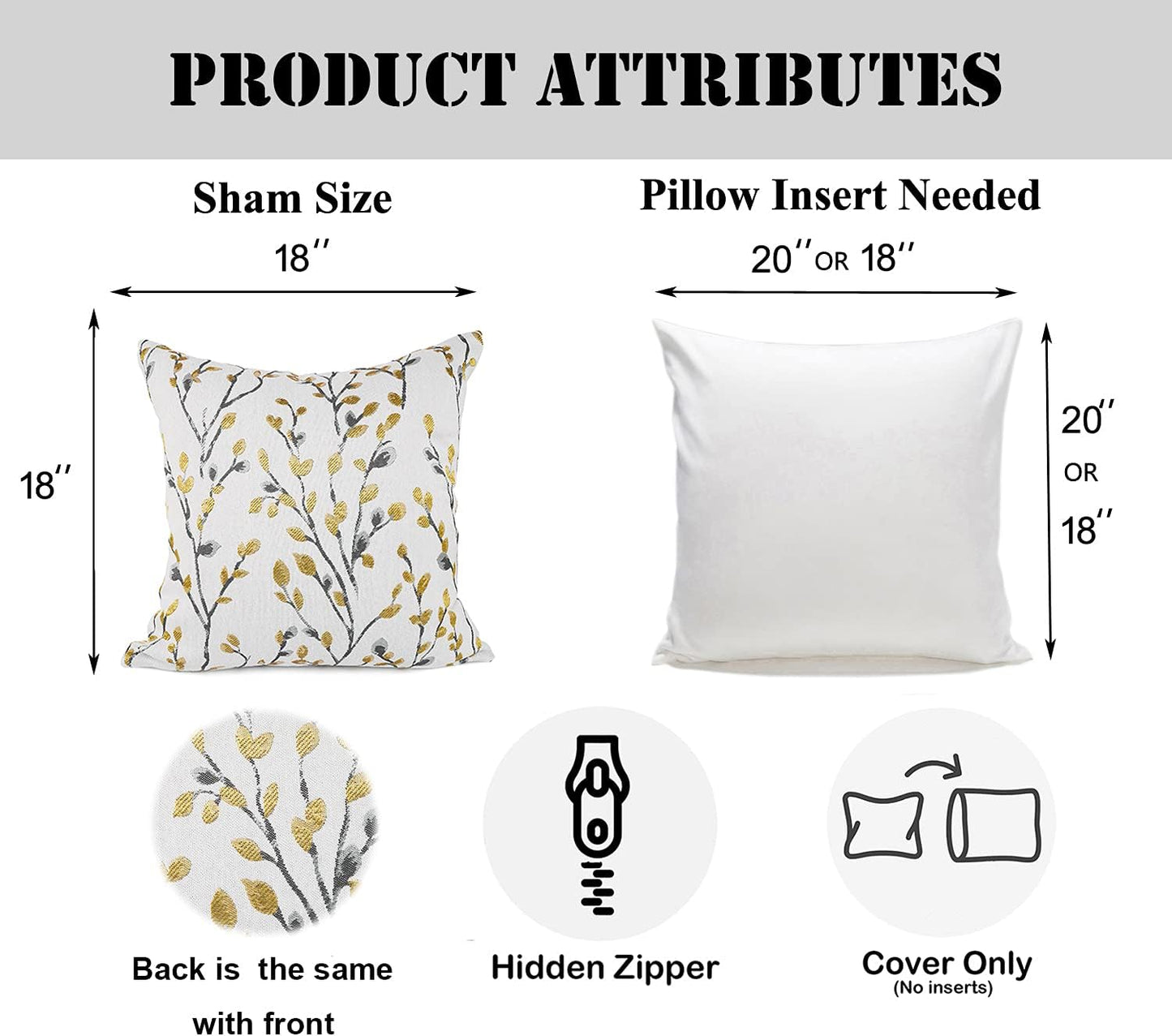 YOUR SMILE Classical Embroidery Jacquard Yellow/Gold Square Decorative Throw Pillow Case Cushion Cover 18x18 inch