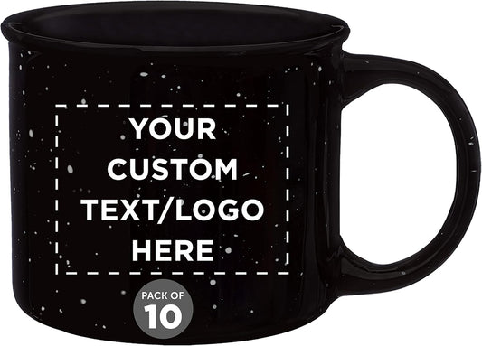 DISCOUNT PROMOS Custom Ceramic Campfire Coffee Mugs 13 oz. Set of 10, Personalized Bulk Pack - Perfect for Tea, Espresso, Cappuccino, Hot Cocoa - Black