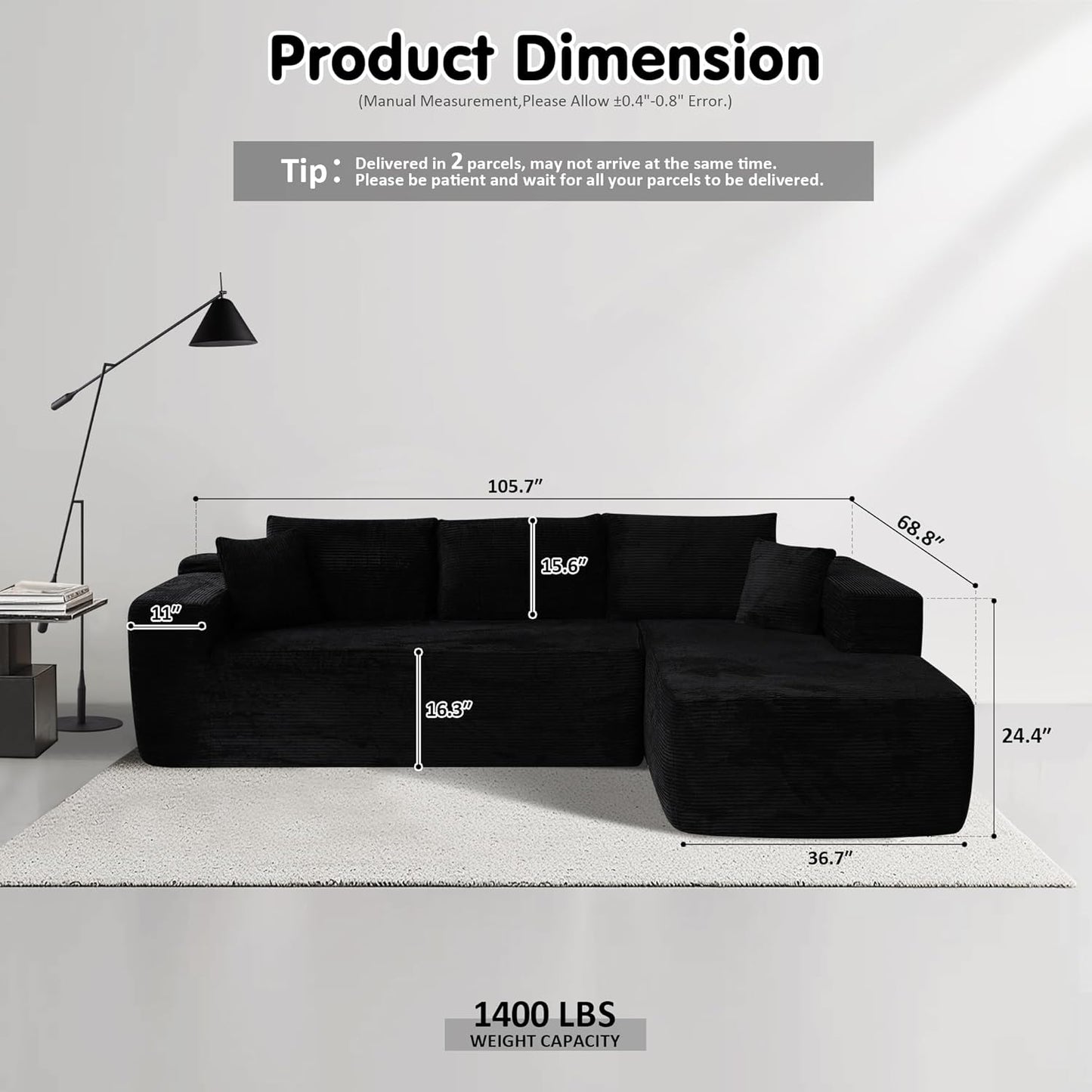 ovios 104" Cloud Sectional Couch with L-Shape Chaise,Modern Modular Sofa with Deep Seat, Upholstered Couches for Living Room Bedroom,No Assembly Required, Black (Corduroy Fabric)