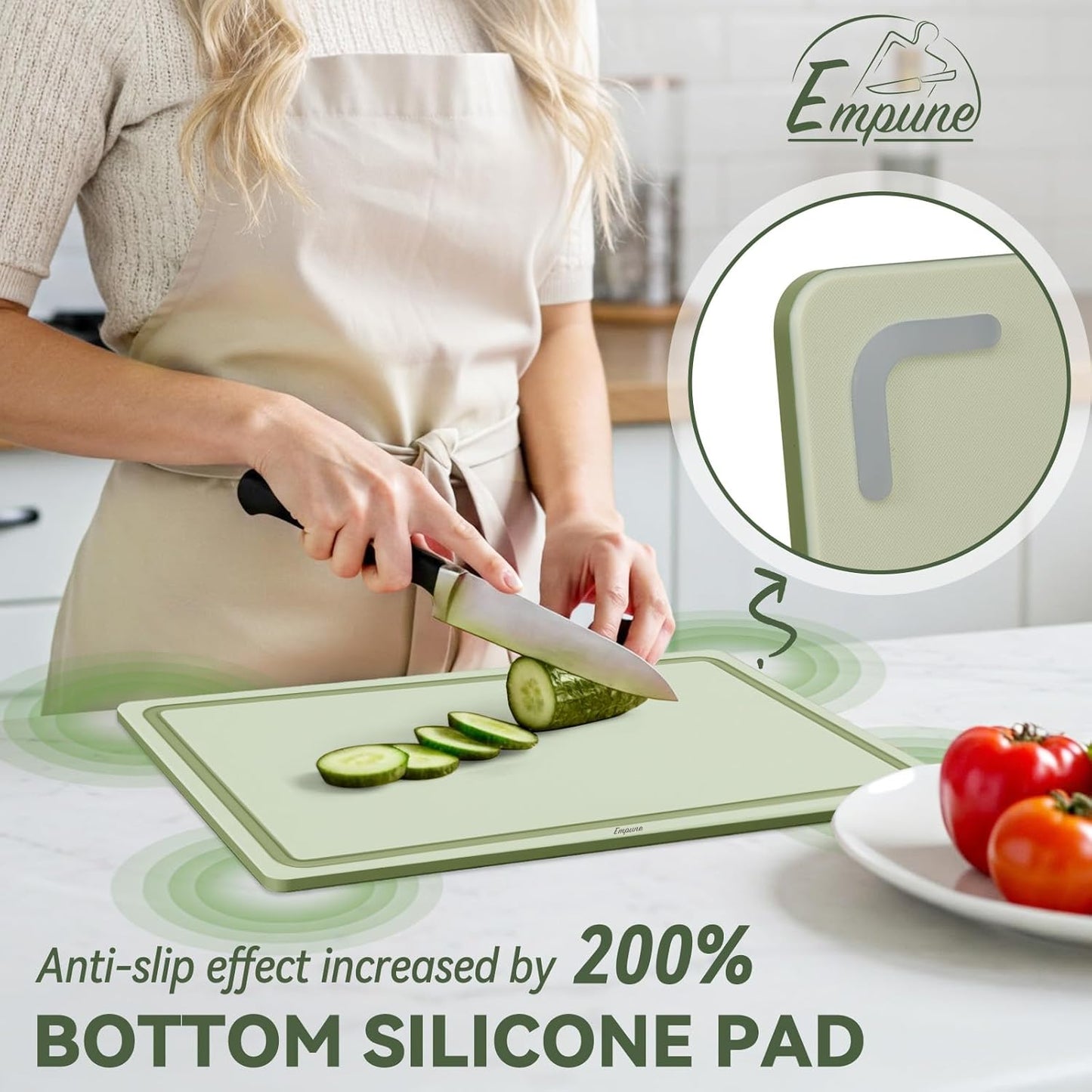 Empune Plastic Cutting Board Set, Recycled Plastic Cutting Boards for Kitchen (Set of 3), Dishwasher Safe Large Chopping Board with Holder, Non-slip Feet and Juice Grooves, Nonporous, Green
