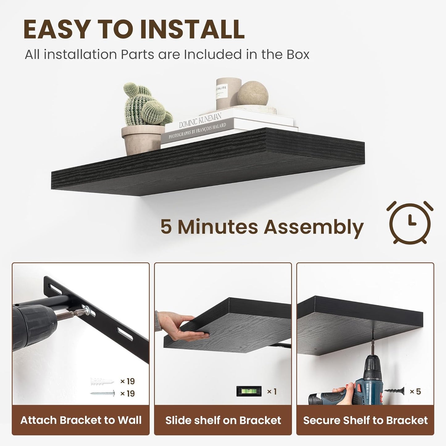 55 Inch Floating Shelves, 11.6 Inch Deep Floating Shelves for Wall, Floating Shelf with Invisible Brackets, Deep Shelves for Bathroom, Bedroom, Living Room, 1 Pack, Black