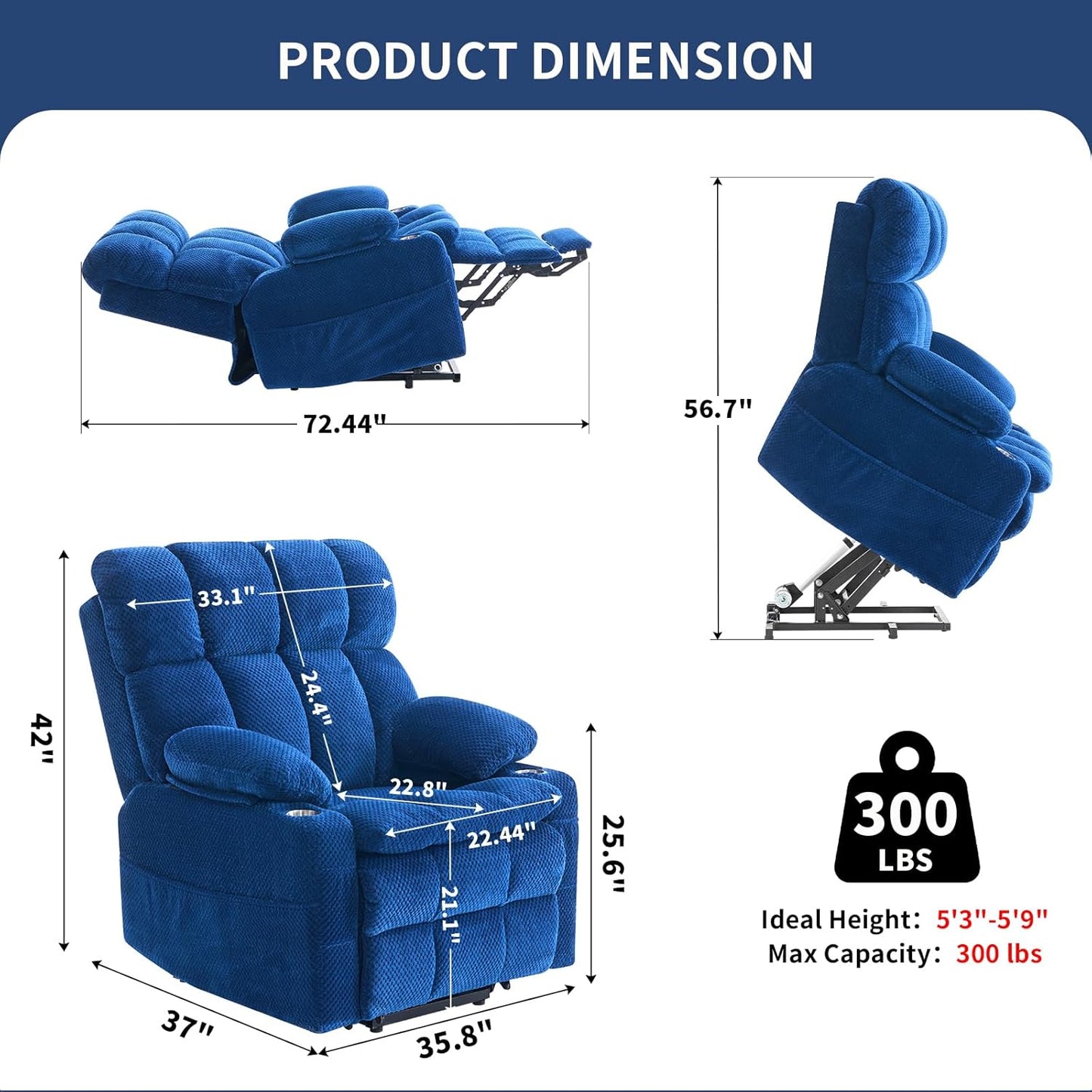 Dual Motor Power Lift Recliner Chair for Elderly,Electric Lift Chair with Adjustable Headrest, Heat and Massage,Lay Flat Recliner with Cup Holders,USB Ports,Type C,Zero Gravity, Blue