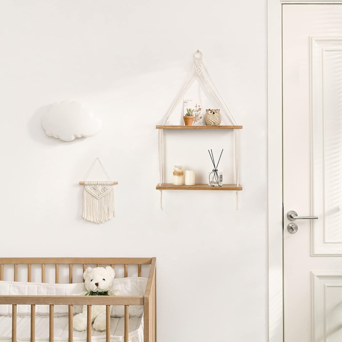 Mkono Macrame Hanging Shelf Boho Wall Decor 2 Tier Handmade Cotton Rope Rustic Wood Floating Shelves Display Photos Plants Hanging Storage Shelving for Living Room Nursery Bathroom Bedroom