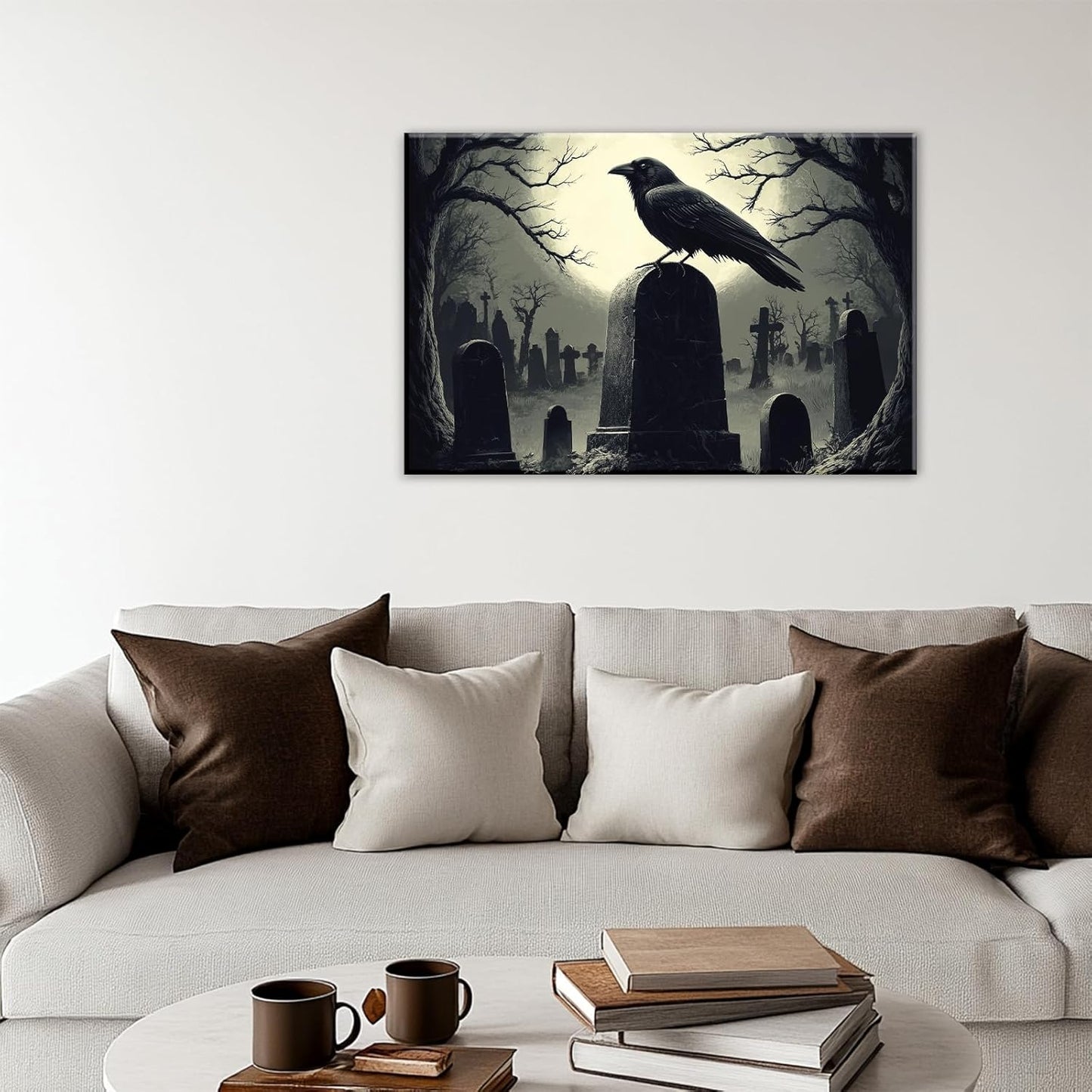 Crow Canvas Wall Art Gothic Black Bird On Branch Painting Print Spooky Forest Full Moon Scenery Poster Artwork Framed Halloween Home Decor(Artwork-3,16"x24")