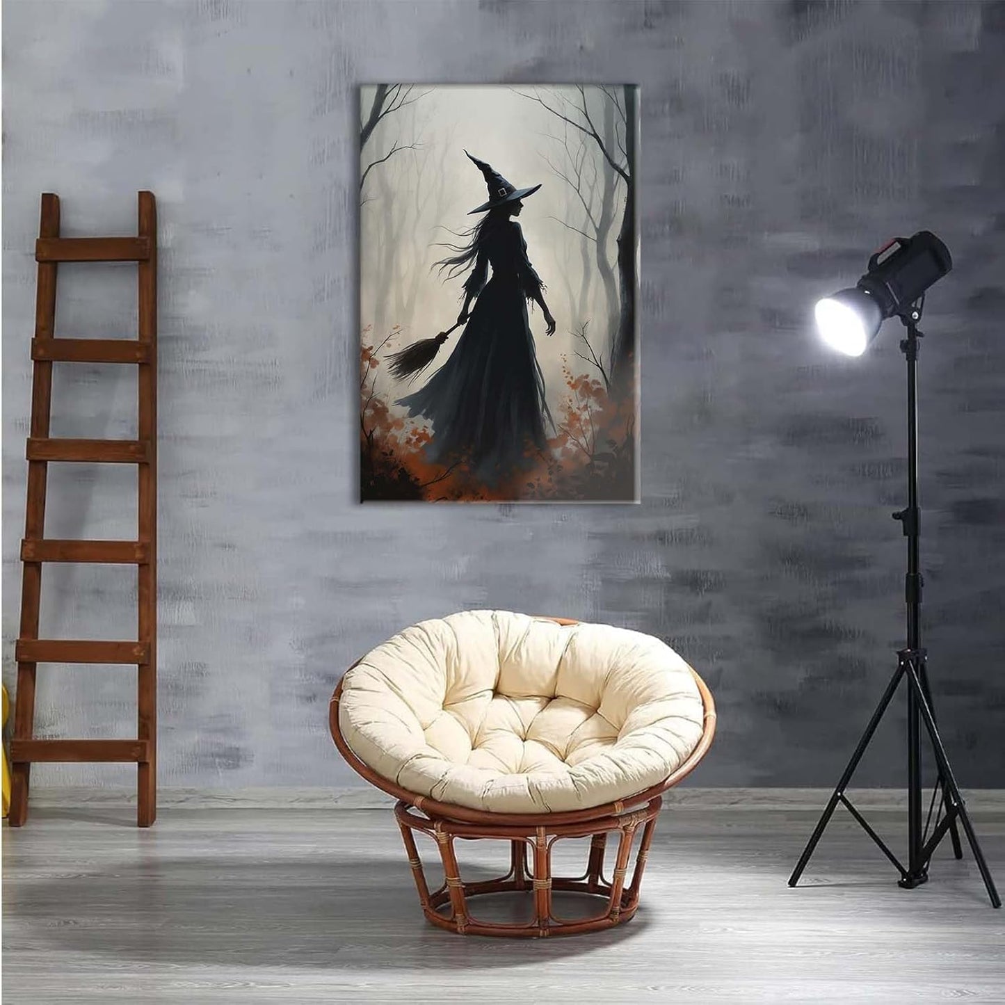 Vintage forest witch silhouette poster Halloween mural poster decoration mural art magic suitable for home living room bedroom8x12in Wood Framed