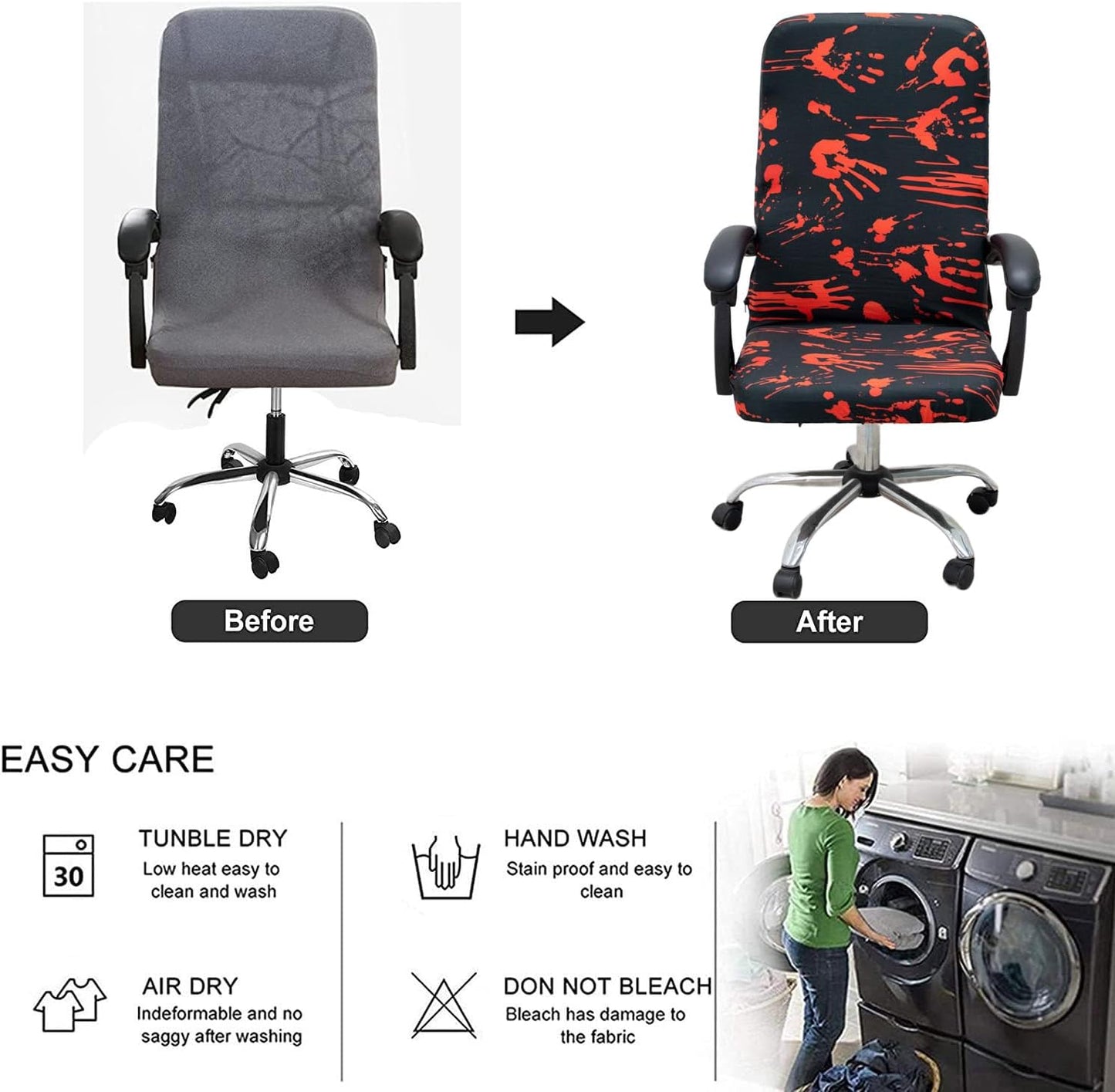 Halloween Office Chair Covers Bloody Handprints Footprints on Black Horror Theme Print Stretchable Slipcover for Modern Simplism Style High Back Boss Chair (No Chair) (L, Halloween04)…