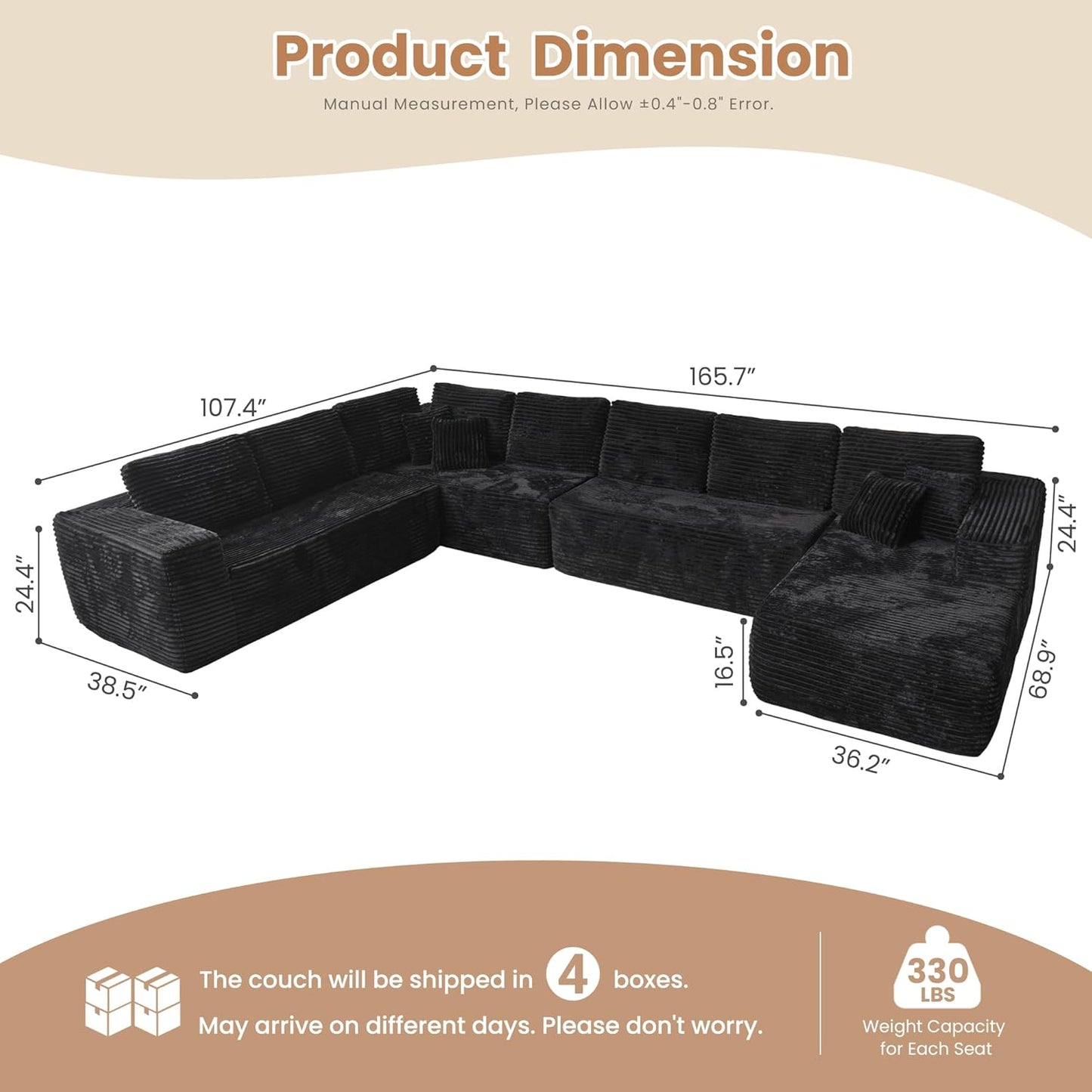 HOOOWOOO Cloud Sectional Couches for Living Room,Modular Sectional Sofa No Assembly,165X110 Inch Plush Corduroy Large U Shaped Floor Couch Set with Deep Seat Chaise Lounge(Black)