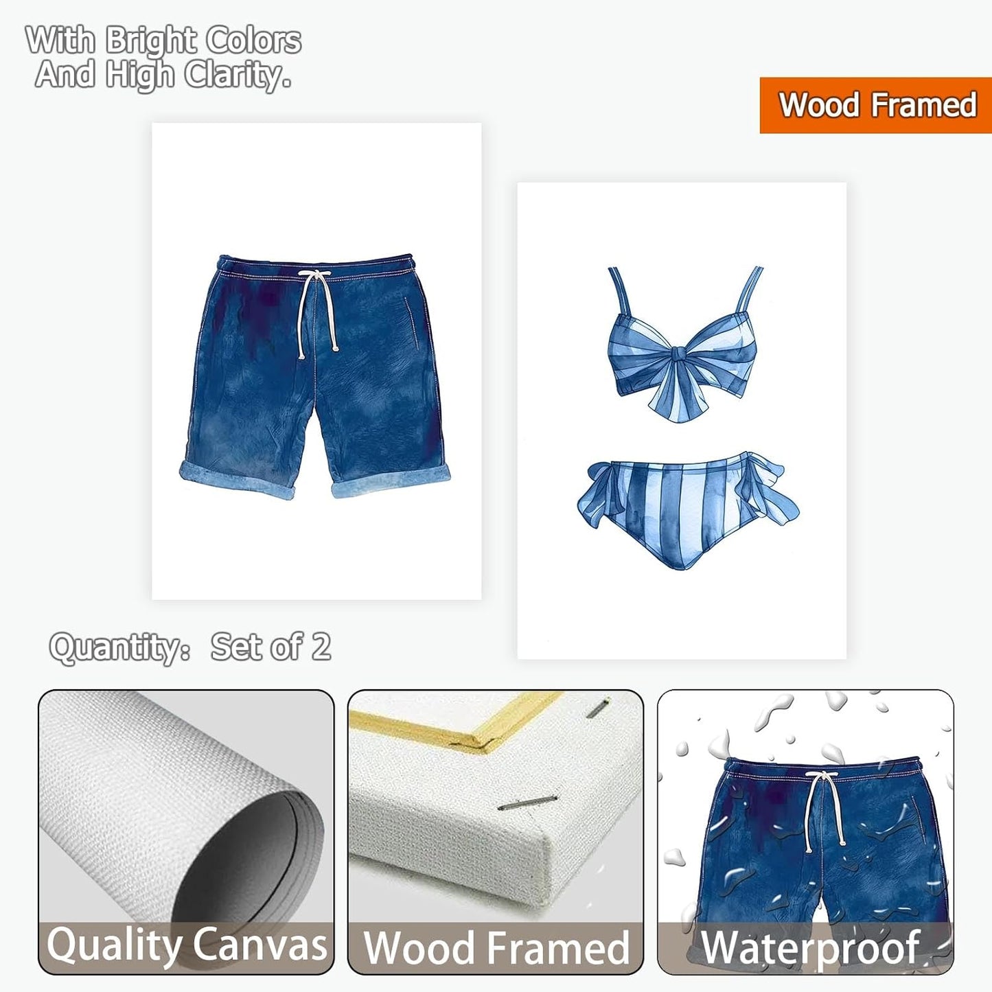 Liyark Set of 2 Retro Navy Blue And White Swimsuit Art Posters Beach Bathing Suit Prints Painting Beach House Wall Art Coastal Wall Decor Pictures For Bathroom Home Decoration 24x36in Framed