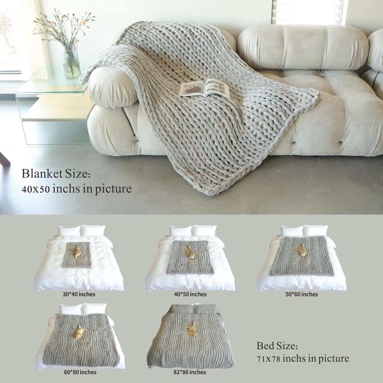 Maetoow Chenille Chunky Knit Blanket Throw （40×50 Inch）, Handmade Warm & Cozy Blanket Couch, Bed, Home Decor, Soft Breathable Fleece Banket, Christmas Thick and Giant Yarn Throws, Khaki