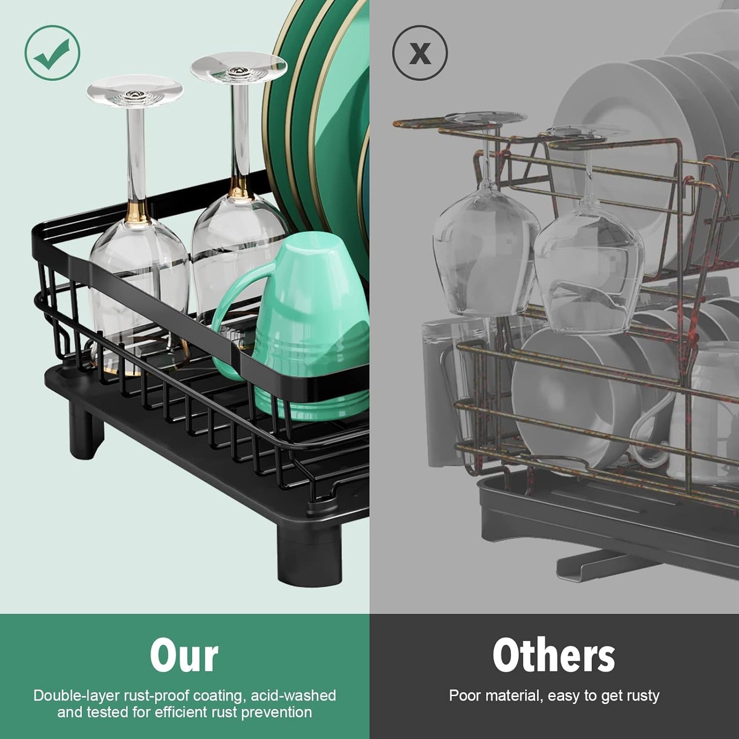 MOUKABAL Dish Drying Rack, Dish Rack, Stainless Steel Dish Racks for Kitchen Counter, Dish Drainer with Removable Utensil Holder, Drainboard (Black)