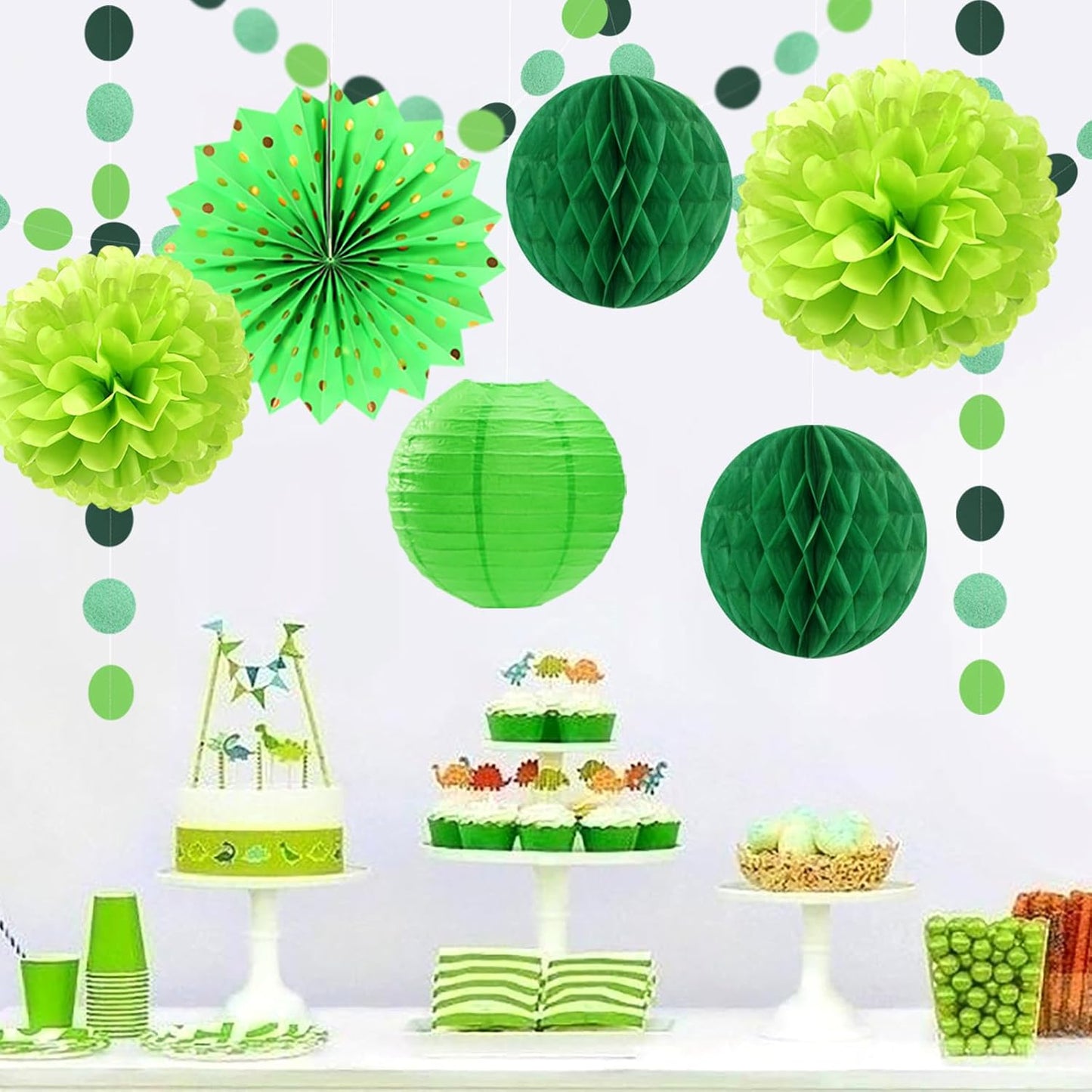 Green Party Decorations Streamers Lanterns - 14pcs St Patricks Day Paper Lanterns Fan,Tissue Pom Poms,Honeycomb Spring Summer Birthday Wedding Engagement Baby Shower Decor Ouruola