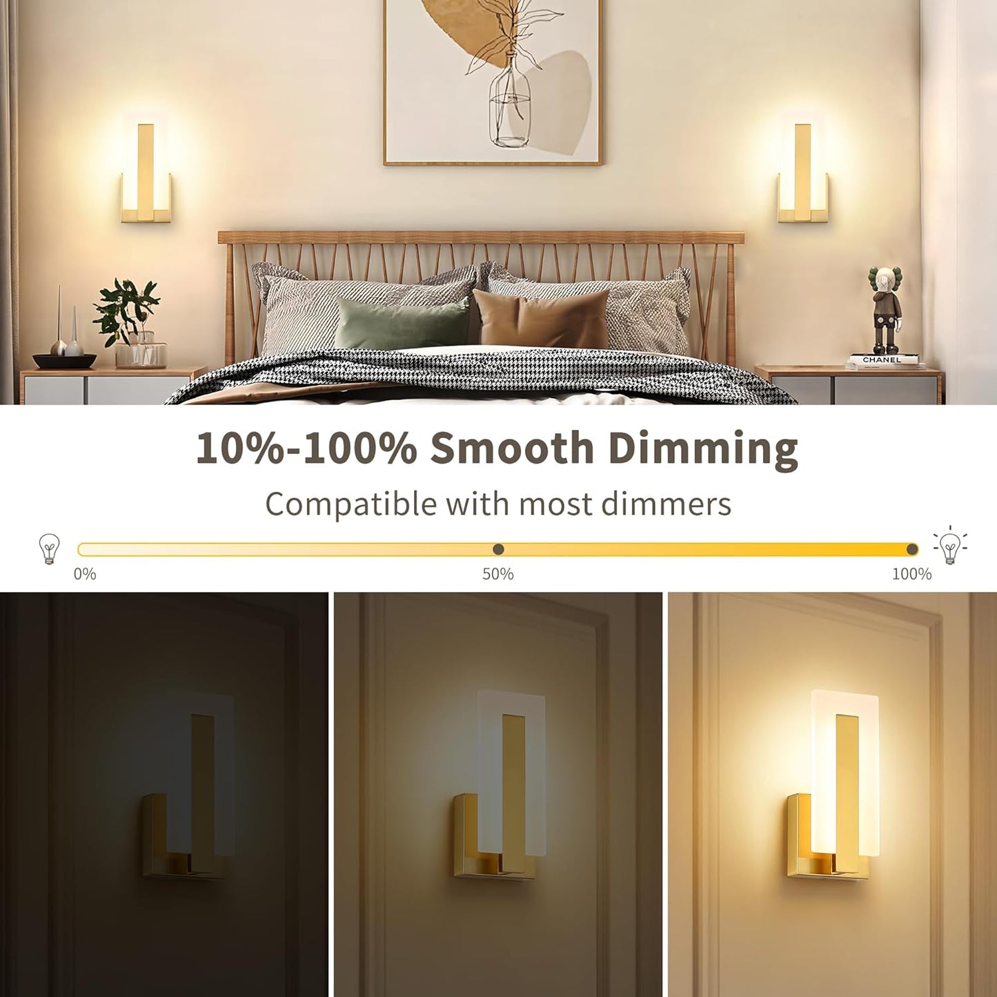 Joosenhouse Modern LED Wall Sconce Set of 2, Dimmable Hardwired Bathroom Vanity Light Indoor Wall Sconce for Hallway, Bedroom, Study, Living Room, 9.76 Inch Brass Wall Lights
