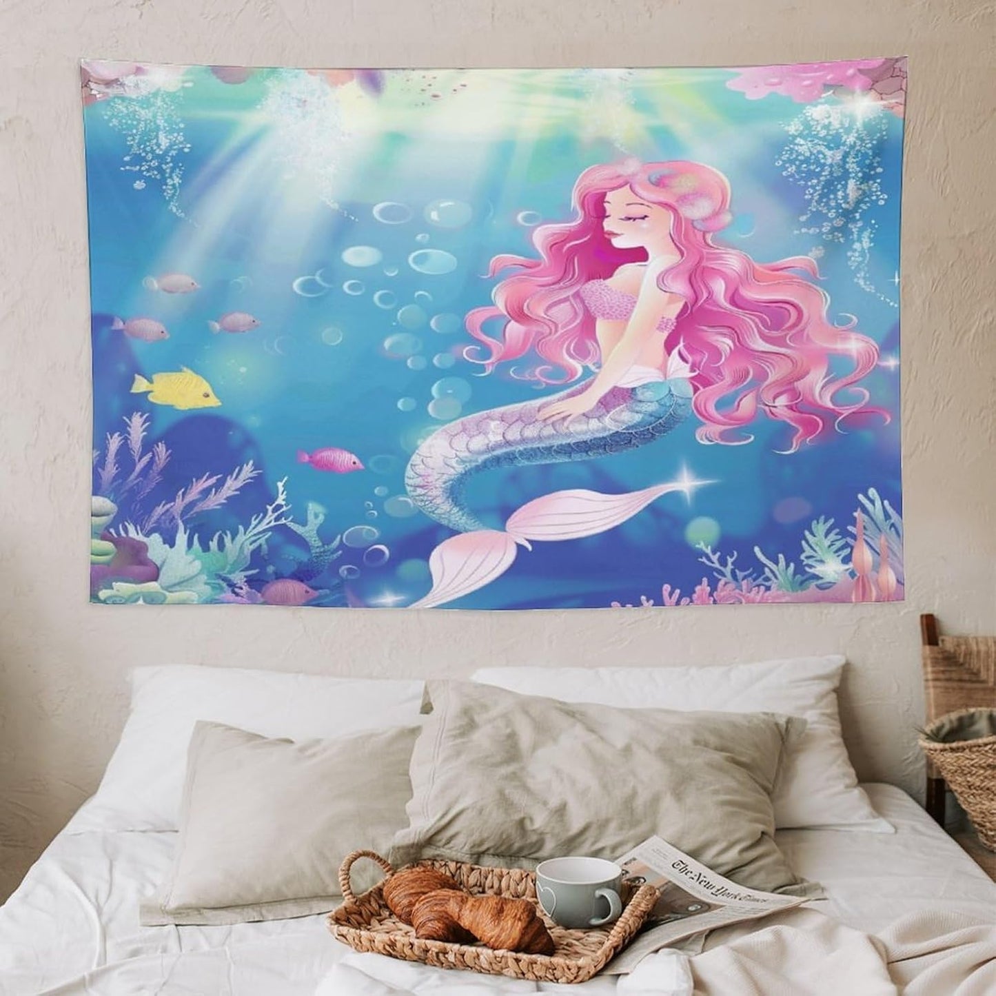HZOHNAGO Mermaid Girls Tapestry Watercolor Mermaid Princess Pink Hair Pattern for Kids Room Decoration Printed Wall Tapestry Wall Hanging for Bedroom Living Room Dorm 60" W x 40" H
