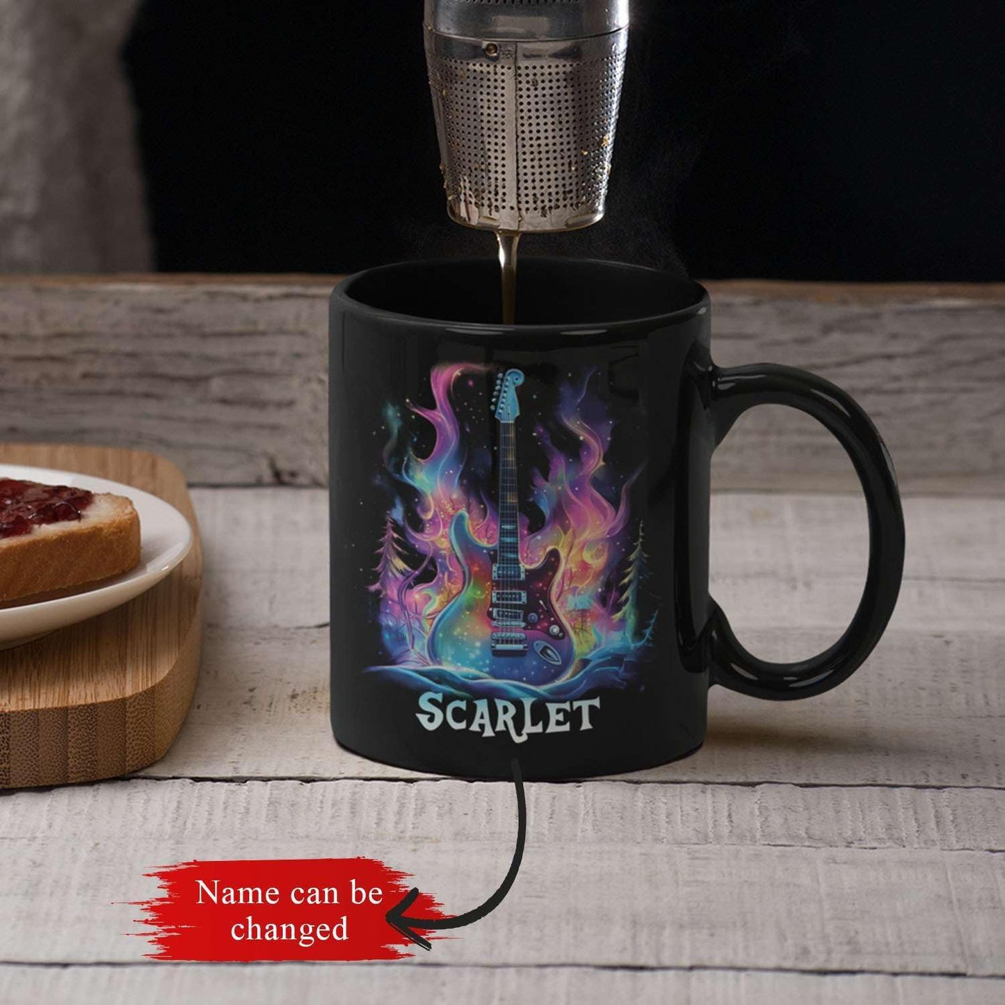 Personalized Electric Guitar Mug 11oz 15oz, Custom Choose Name Coffee Cup, Customized Rock Music Themed Black Mug, Gift For Musicians, Electric Guitar Ceramic Cup With Cosmic Design
