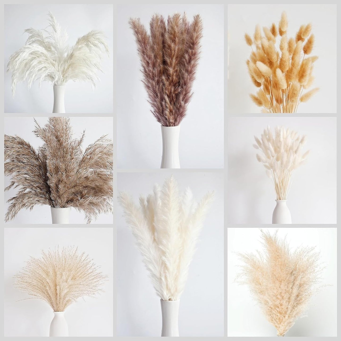 130 PCS Dried Pampas Grass Bouquet, Boho Table Decor, Bunny Tails Dried Flowers, Brown Pampas, Fluffy Pompas, White Pampas Grass for Weddings, Home Decor, Rustic Parties, and Baby Shower Decorations