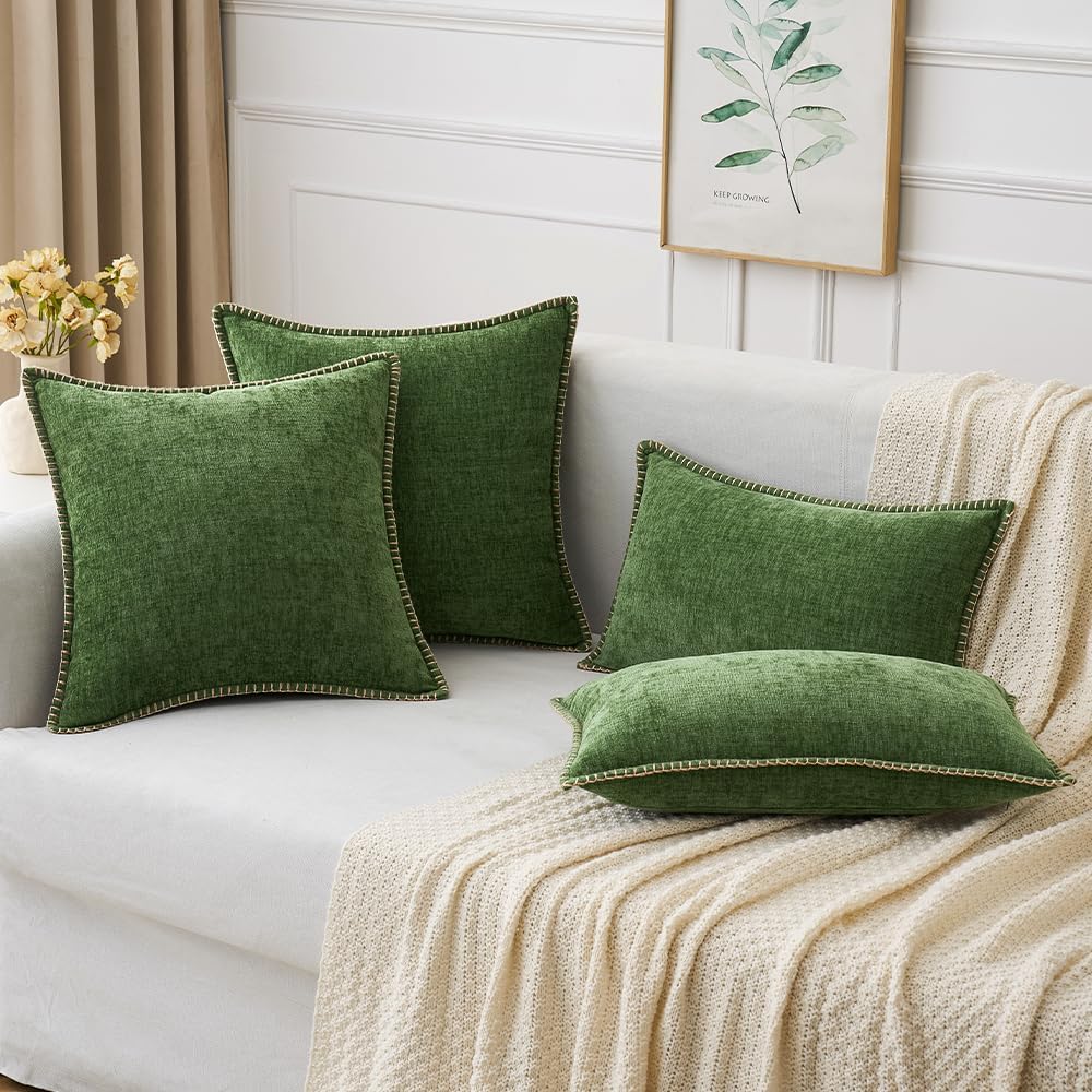 MIULEE Pack of 2 Christmas Pillow Covers 16x16 Inch Moss Green Farmhouse Decorative Throw Pillow Covers with Stitched Edge Soft Chenille Solid Dyed Couch Pillow Covers for Sofa Bed Living Room