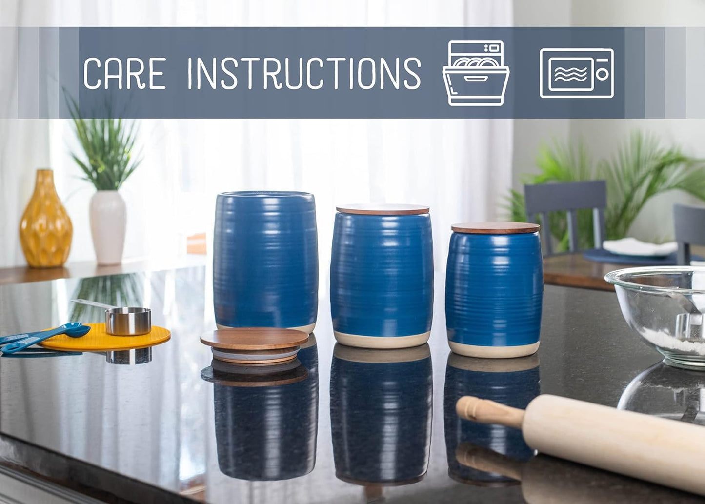 Nat & Jules Lidded Navy Blue 6 inch Ceramic and Wood Kitchen Canisters Set of 3