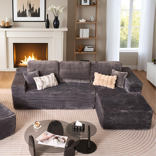 HOOOWOOO Cloud Sectional Couches for Living Room,Modular Sectional Sofa No Assembly,Plush Corduroy Large Floor Couch Furniture Set with Deep Seat Right Chaise L Shape(Gray)