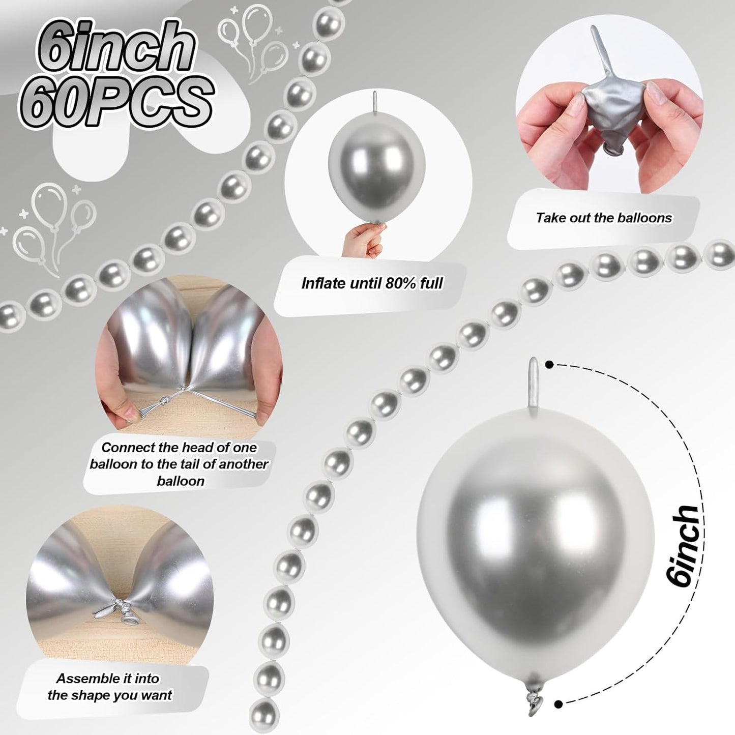 Silver Link Balloons, 60PCS Linking Balloons with Tail for Balloon Wall Arch and Chains, Quick Linkable Balloon for Wedding Birthday Baby Shower Engagement Graduation Party Decorations (6inch)