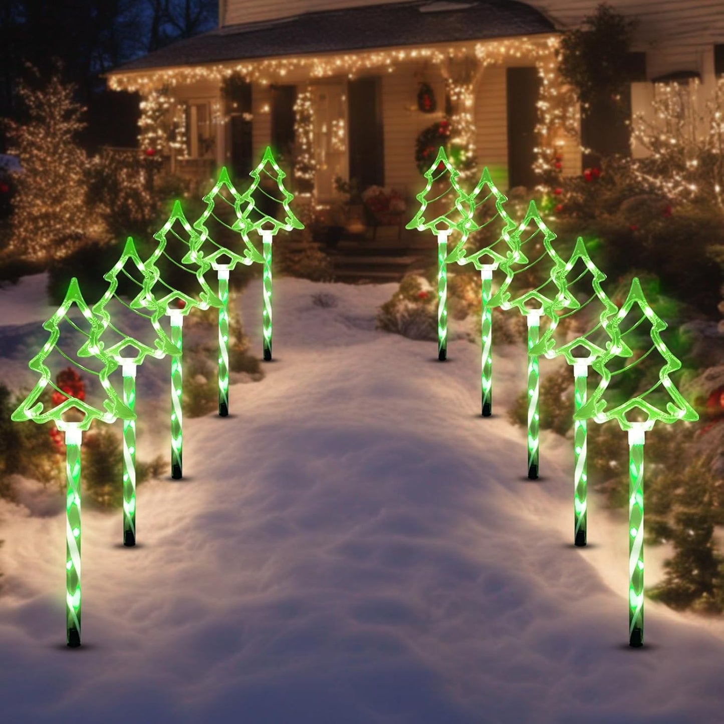 Christmas Solar Pathway Lights Outdoor Decorations， 8 Modes Xmas Tree Candy Lights Waterproof Led Garden Stake Light for Walkway Yard Lawn Porch Holiday Decor 5-Pack (Green Tube Tree, 5 Pack)