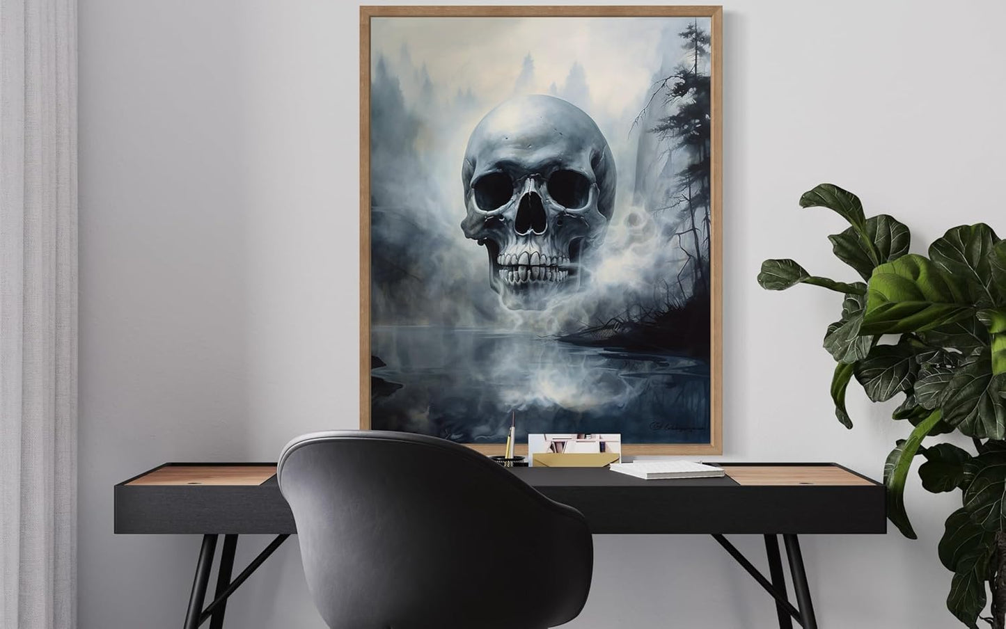 Foggy Skull Poster Art Print, Halloween Scary Vintage Wall Art Academia Spooky Painting Decoration for Horror Prints, Gothic Posters Bedroom Decor 89 (Foggy Skull, 16 x 20 inches, Wood Frame)