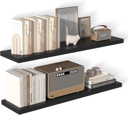 48 Inch Floating Shelf 2 Pack Large Floating Shelves for Wall No Drilling Accessories Included Deep Wall Shelves for Living Room Kitchen Farmhouse 48" W x 12" D x 1.2" Black