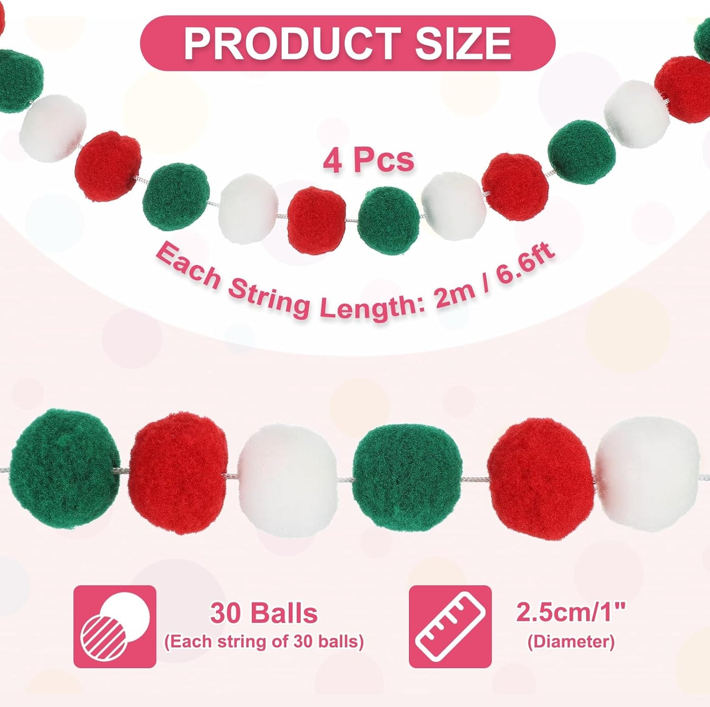 PATIKIL 26Ft Pom Pom Garland Decorations, 4Pcs Colorful Felt Ball Garland Banner Cute Rainbow Pompom Hanging Decorations for Tree Ornaments Homes Decor, Red/Green/White