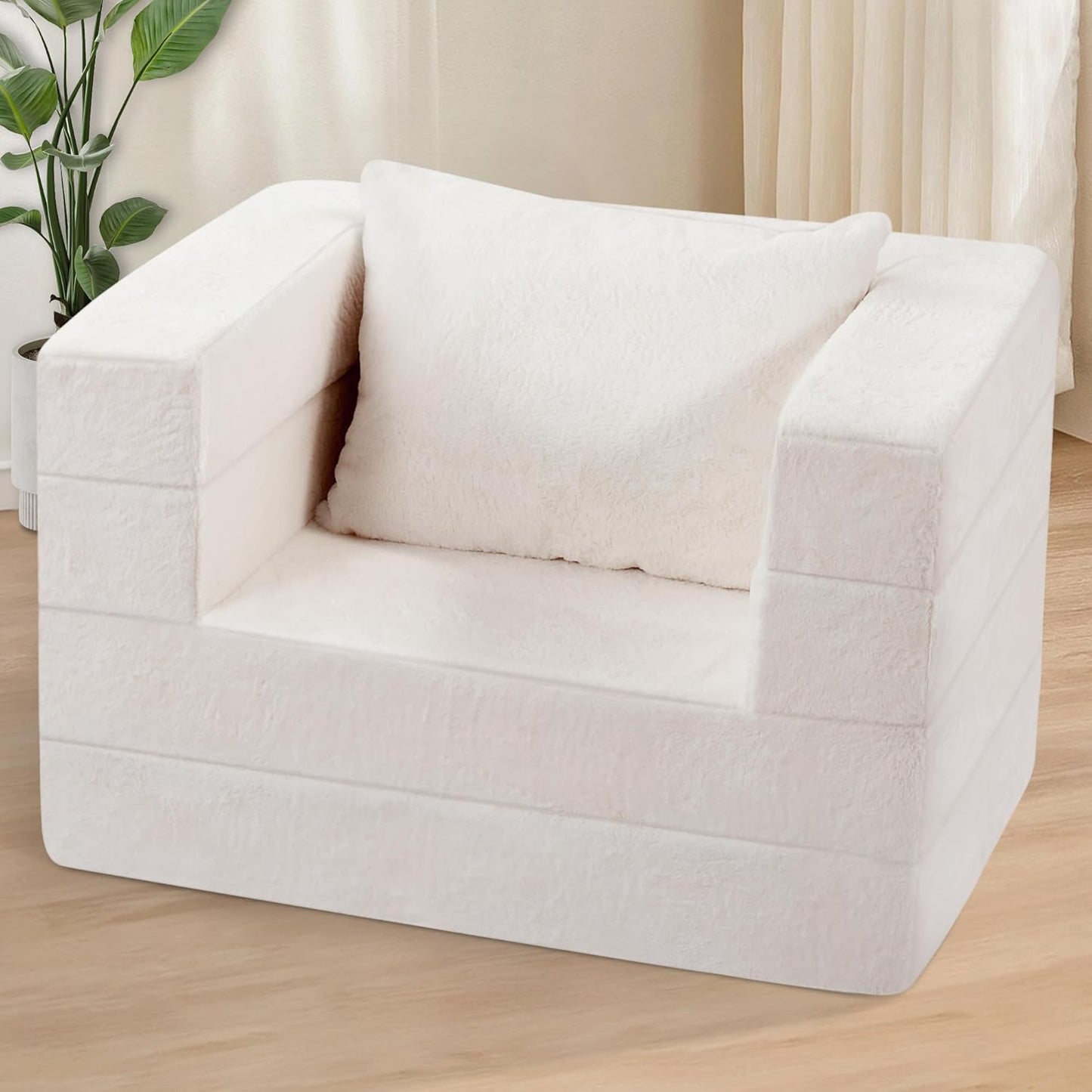 Folding Bean Bag Chair for Adults,3-in-1 Bean Bag Couch Faux Fur Floor Sofa Large Beanbag Convertible Bean Bag Sofa Bed with Pillow in Bedroom,Living Room,Apartment(Twin,Milky White)