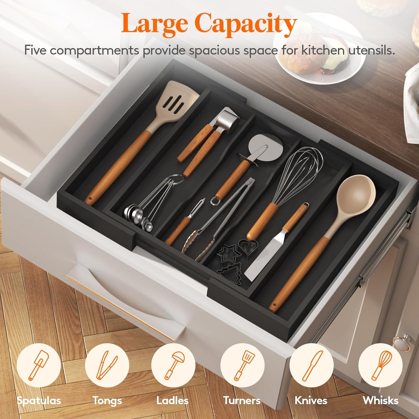 Lifewit Utensil Organizer for Kitchen Drawer, Expandable Cooking Utensil Tray, Bamboo Cutlery Silverware Flatware Holder, Adjustable Spatula Tools and Gadgets Storage Divider, Large, Black
