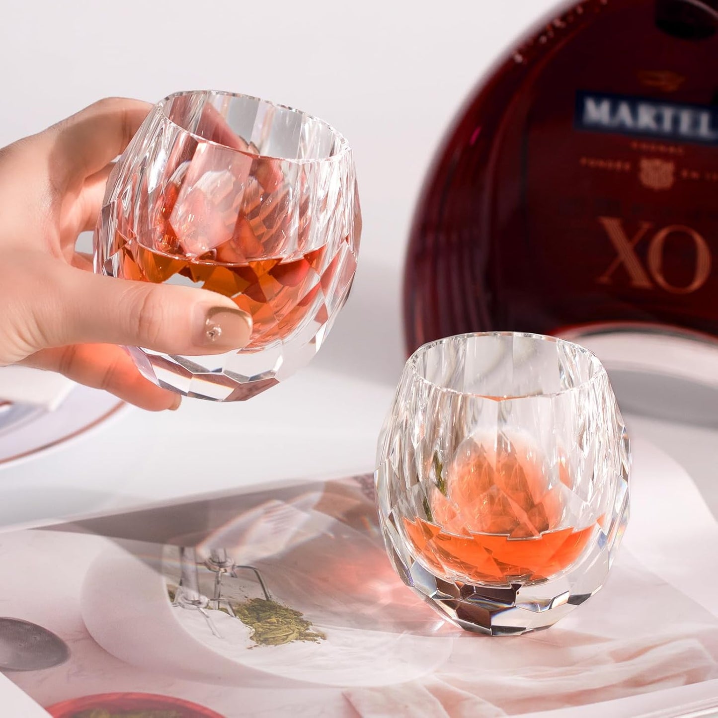 KAMMAK Crystal Whiskey Glasses Set of 2, Handcrafted Old Fashioned Glasses Stemless, 3.71oz Hand Blown White Cocktail Glasses, Engagement Gifts for Couples, Women, Men