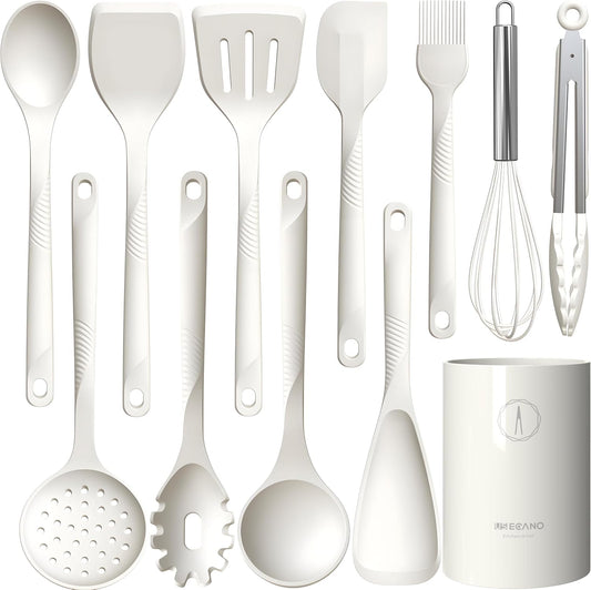 Silicone Cooking Utensils Set - 600°F Heat Resistant, Nonstick Kitchen Utensil Set with Spatulas, Spoons, Whisk, Tongs, BPA Free, Dishwasher Safe, Cream White