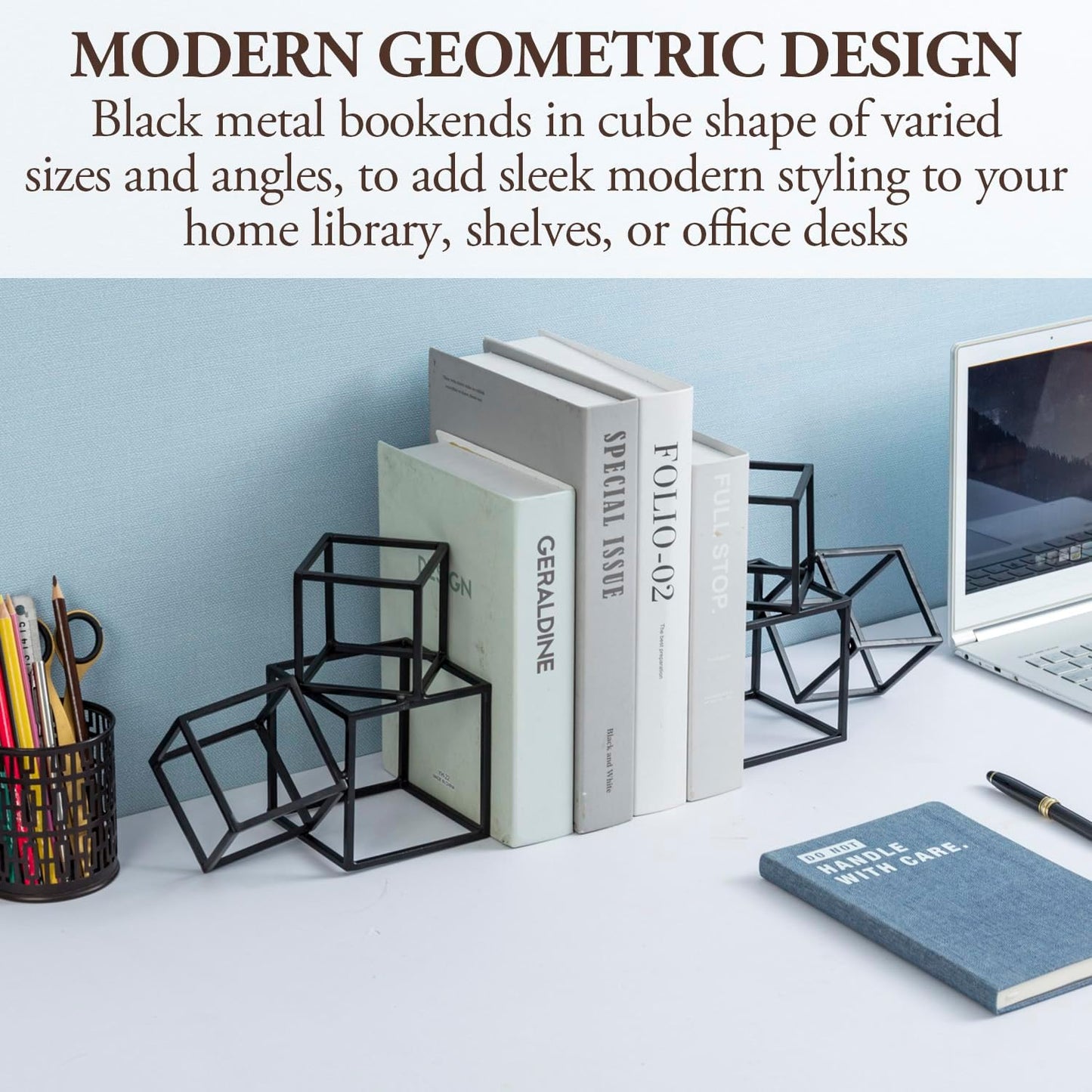 MyGift Modern Matte Black Metal Geometric Bookends in 3 Cube Frame Design, Decorative Book Stands for Home Library Bookshelf Office Desk, 1 Pair, Handcrafted in India