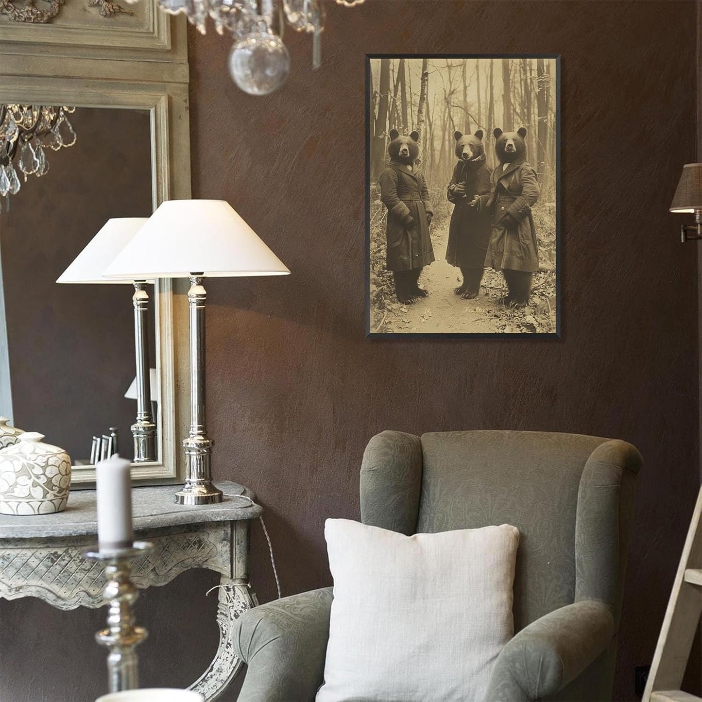 Vintage Horror Halloween Wall Decor Spooky The Three Bears In Occult Forest Spooky Canvas Wall Art Poster Gothic Dark Academia Decorations Room Creepy Print 24X36inch Aluminum Framed