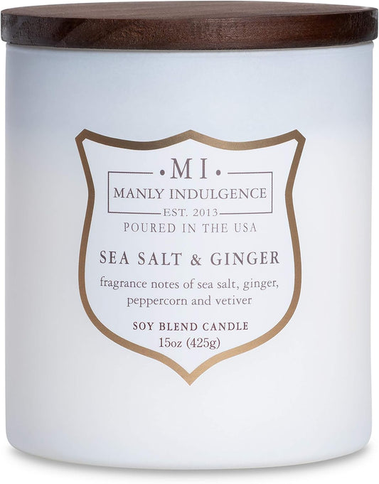 Manly Indulgence Sea Salt & Ginger Scented Candles for Men, 15 oz Wooden Wick, Premium Soy Blend Wax, 60H Burn, Candles for Home Scented - Made in The USA
