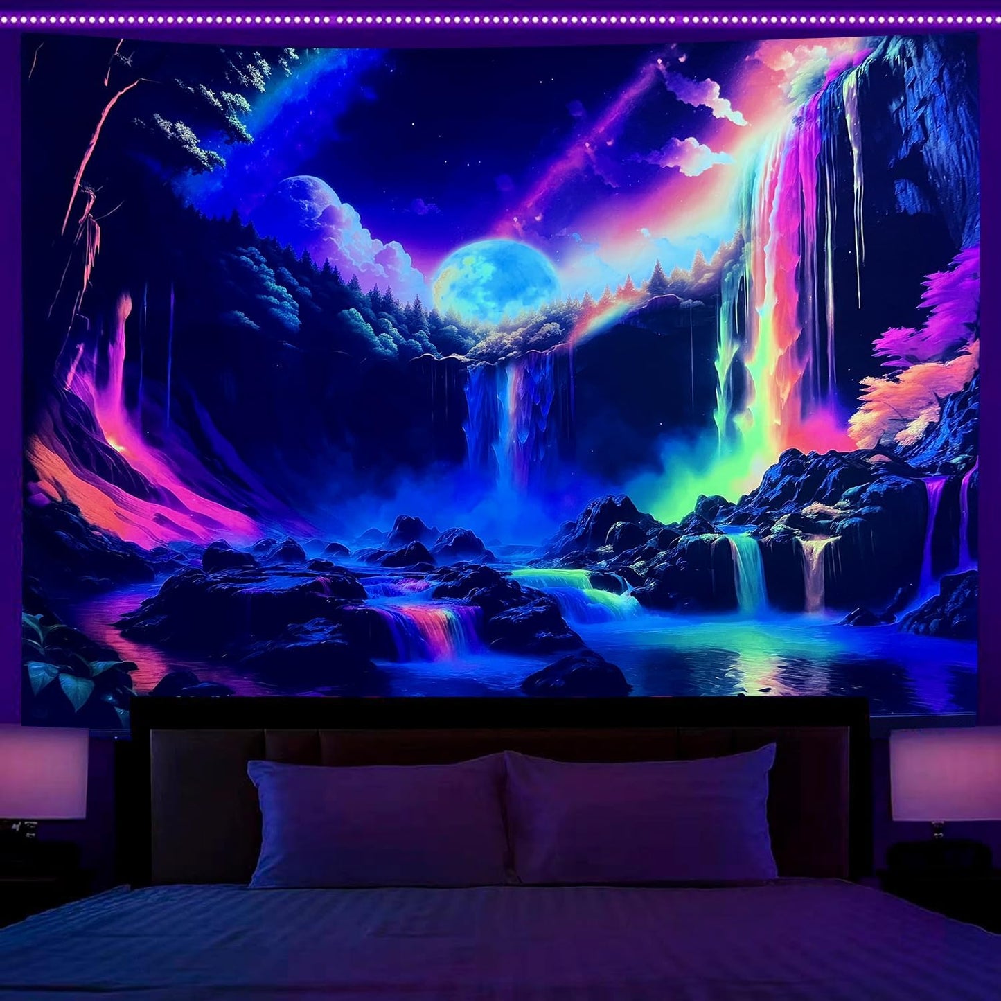 OSVINO Blacklight Rainbow Waterfall Tapestry 90"x70" UV Reactive Trippy Wall Hanging Rainbow Aesthetic Waterfall Wall Posters Bedroom Spiritual Room Decor