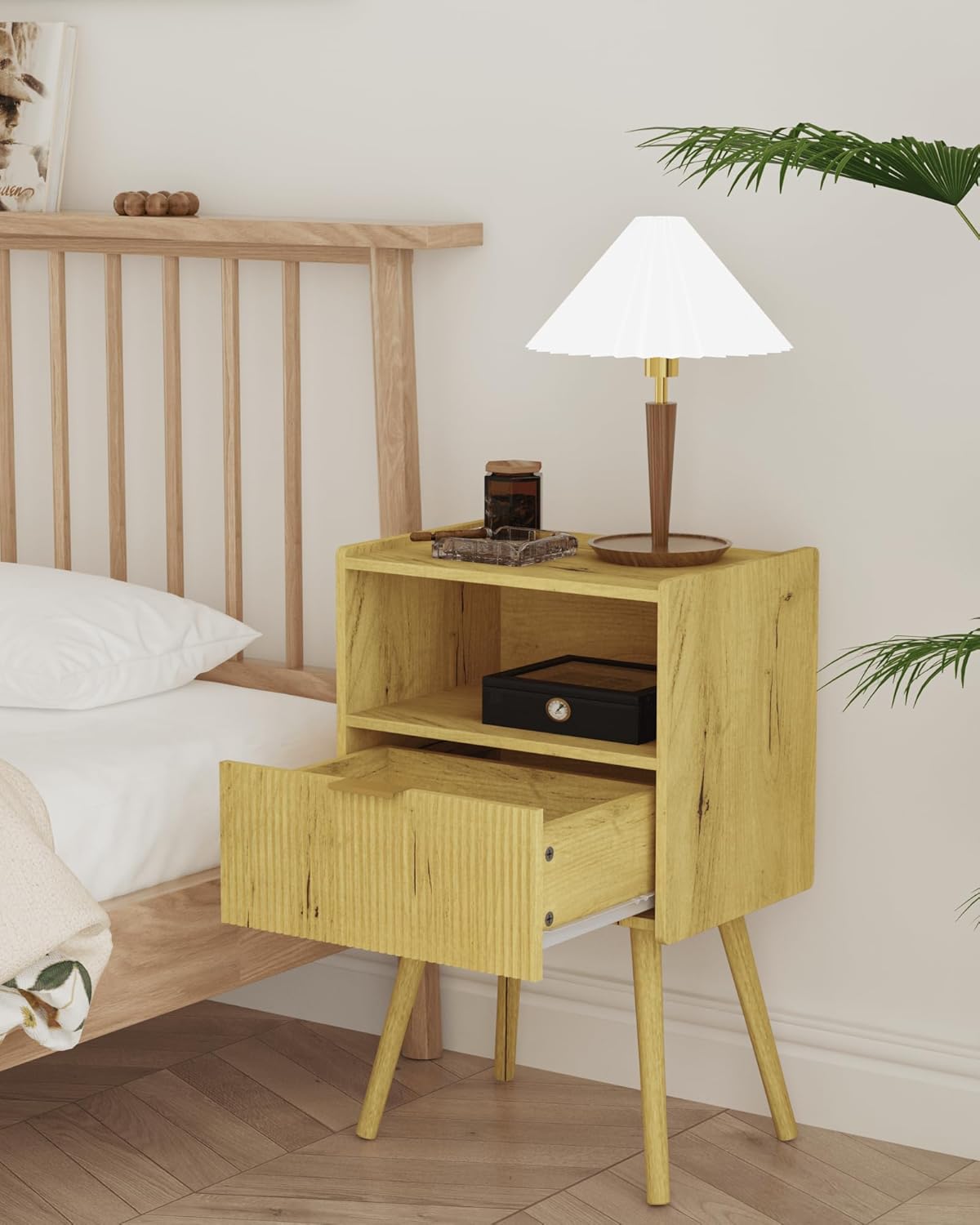 Nightstand,Modern Bedside Table with Storage Drawer and Open Wood Shelf, Accent Night Stand with Solid Wood Legs for Living Room, Bedroom and Small Spaces,Easy Assembly (Yellow Oak)