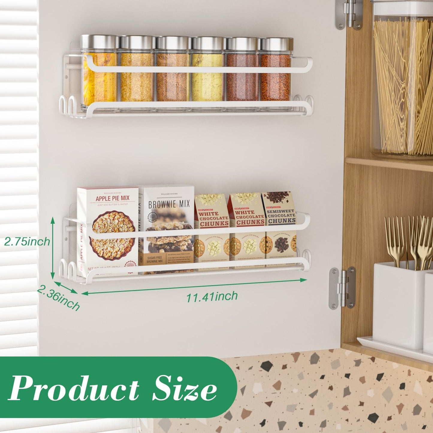 LUCYCAZ 8 Pack Wall Mounted Spice Rack with 16 Hooks, Spice Organizer Shelf for Stove Cabinet Pantry Door,Screw or Adhesive Spice Shelf Hanging Wall Spice Rack in Kitchen and RV (White, 8 PACK)