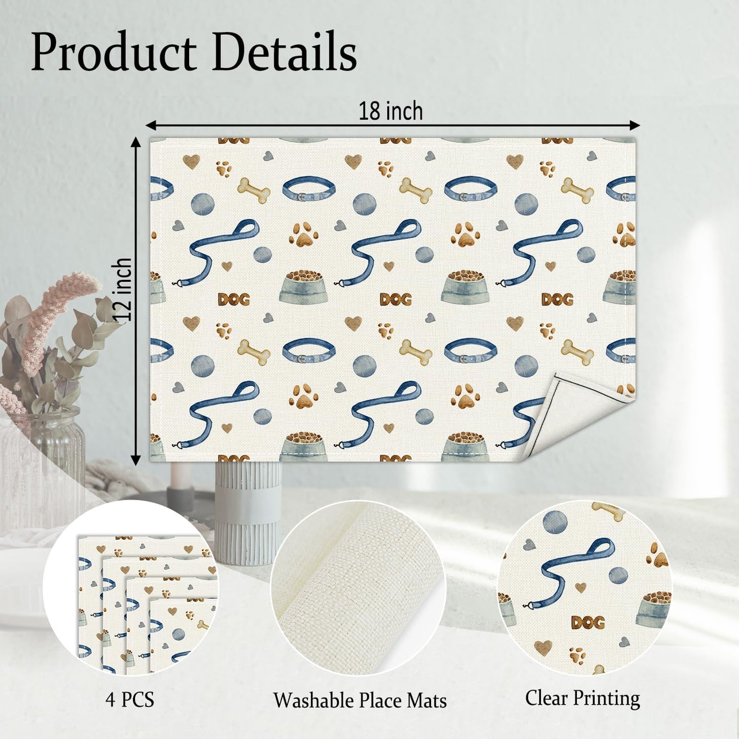 Dog Paw Print Placemats Set of 4, Puppy Pets Themed Table Mat for Home Kitchen, Restaurants, Outdoor Linen Washable Place Mats 12x18 inch Party Event Dining Decoration-08