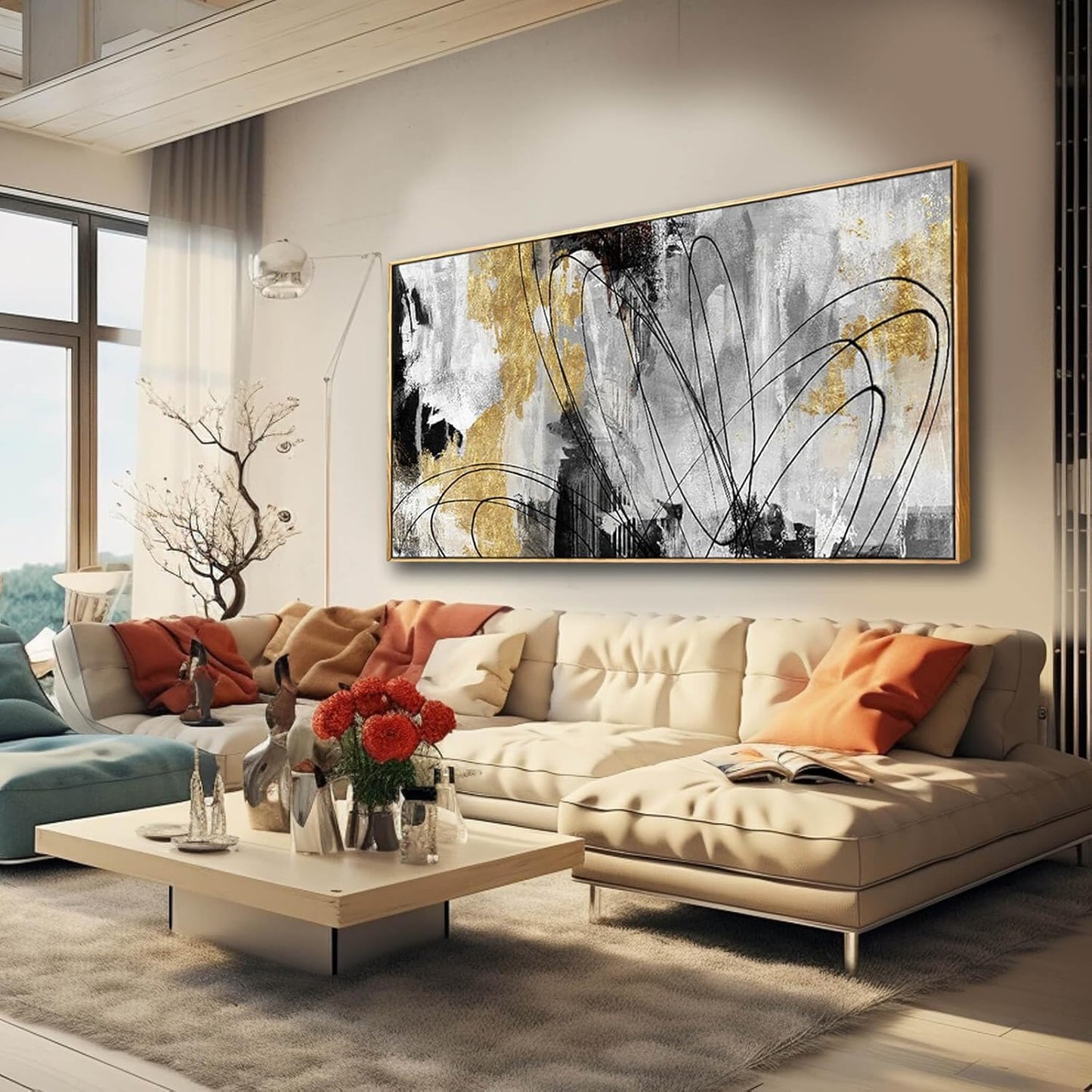 Large Canvas Wall Art Gold Abstract Paintings 29x58 Inch Wooden Framed Artwork Black Line Painting for Bedroom Bathroom Home Decor