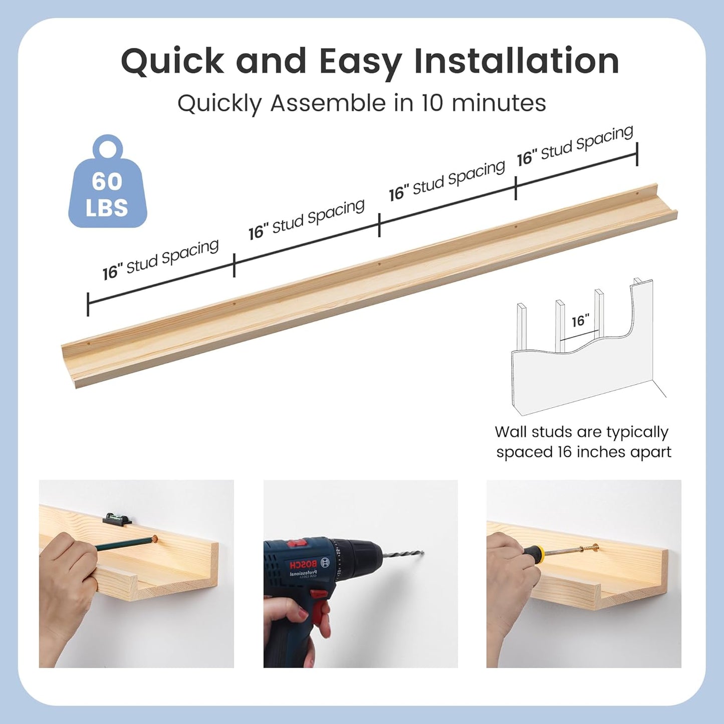 Picture Ledge Shelf, Floating Shelves Set of 2, Solid Pine Wood 72'' Long Large Nursery Book Shelves for Toys Storage, Kids Bookshelf for Living Room Bedroom Decor Books Photo Frames, Natural