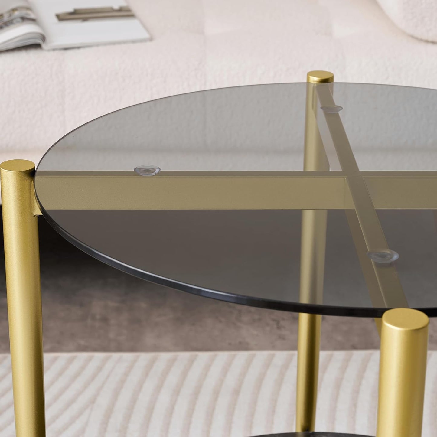 Round Glass End Table, Mid-Century Modern Design Sofa Table for Living Room, D18 x H23 in, 2-Tier Structure, Grey Glass Top and Black Marble Shelf, Sleek Conical Legs with Gold Finish Frame