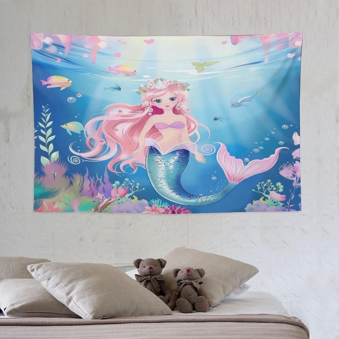 HZOHNAGO Mermaid Girls Tapestry Watercolor Mermaid Princess Pattern Printed Wall Tapestry Wall Hanging for Bedroom Living Room Dorm 60" W x 40" H